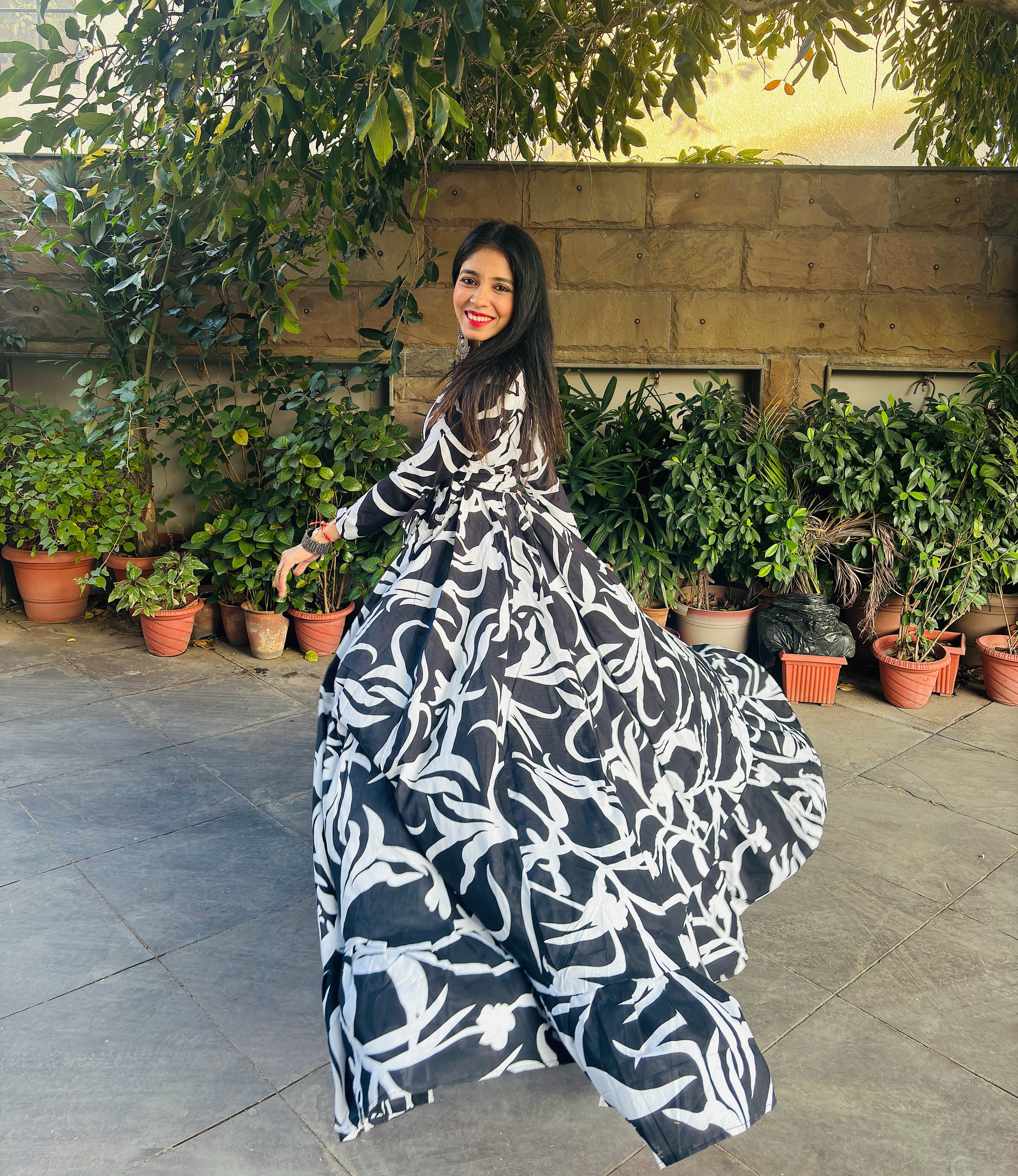 Black Cotton Floral Gown