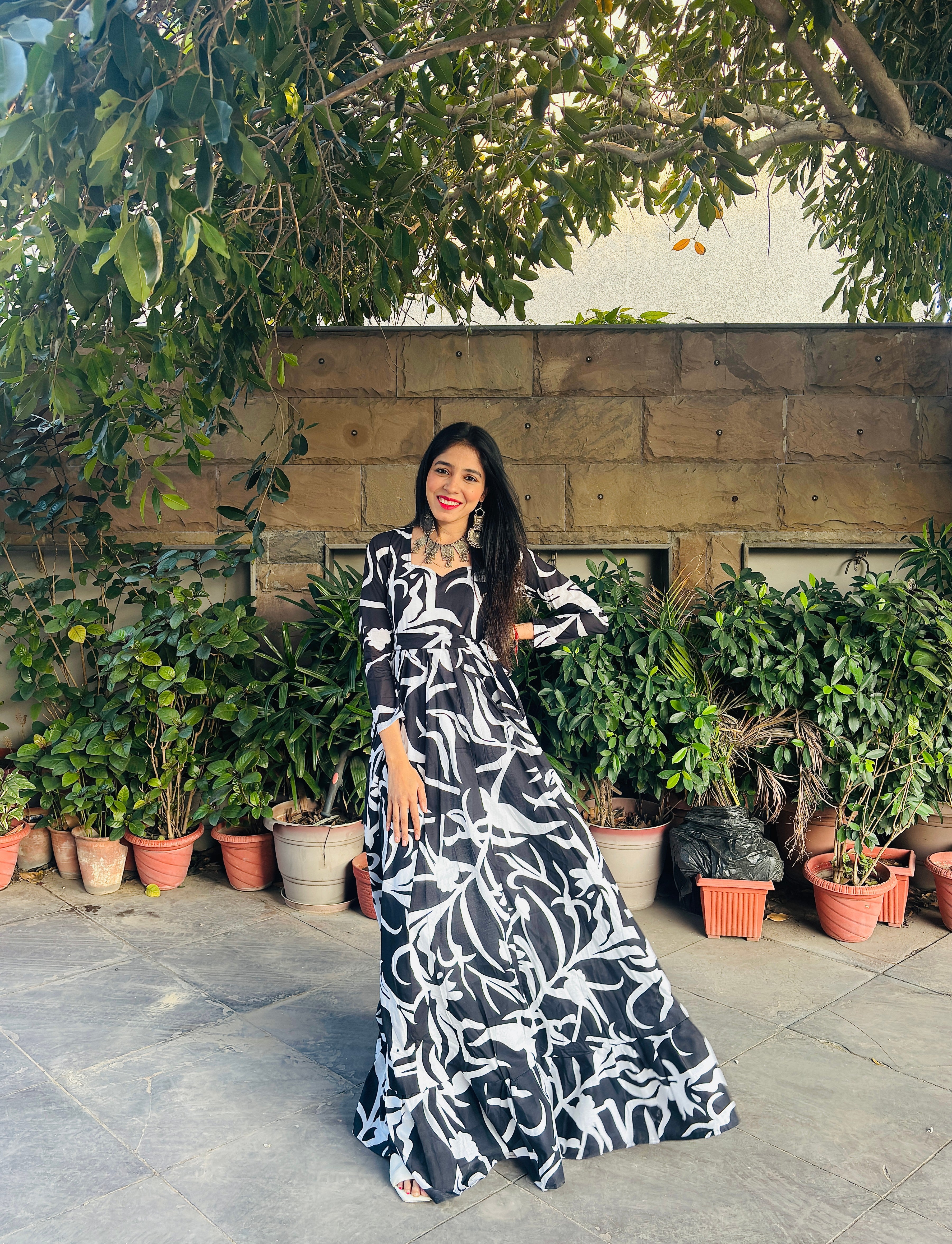 Black Cotton Floral Gown