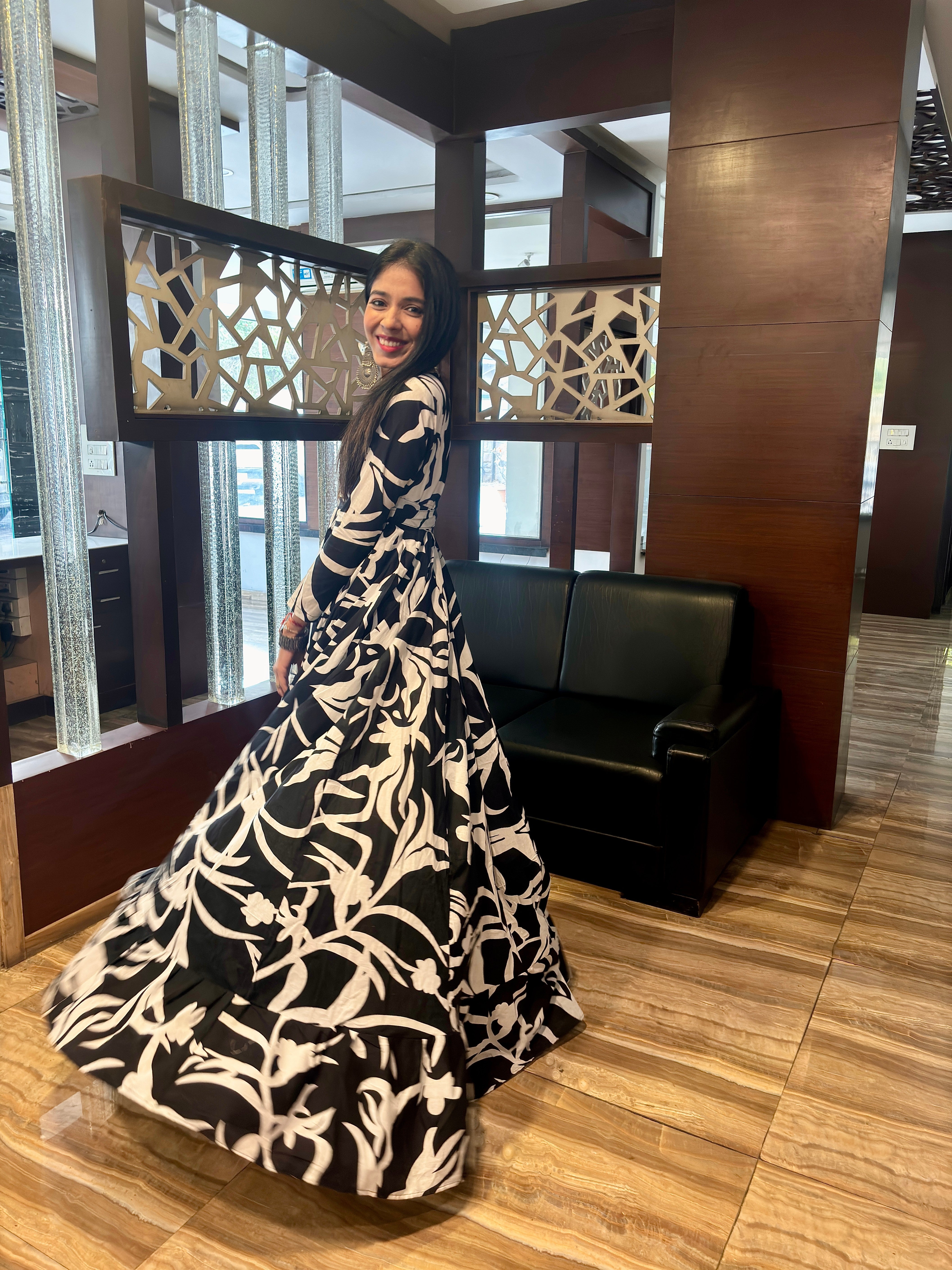 Black Cotton Floral Gown