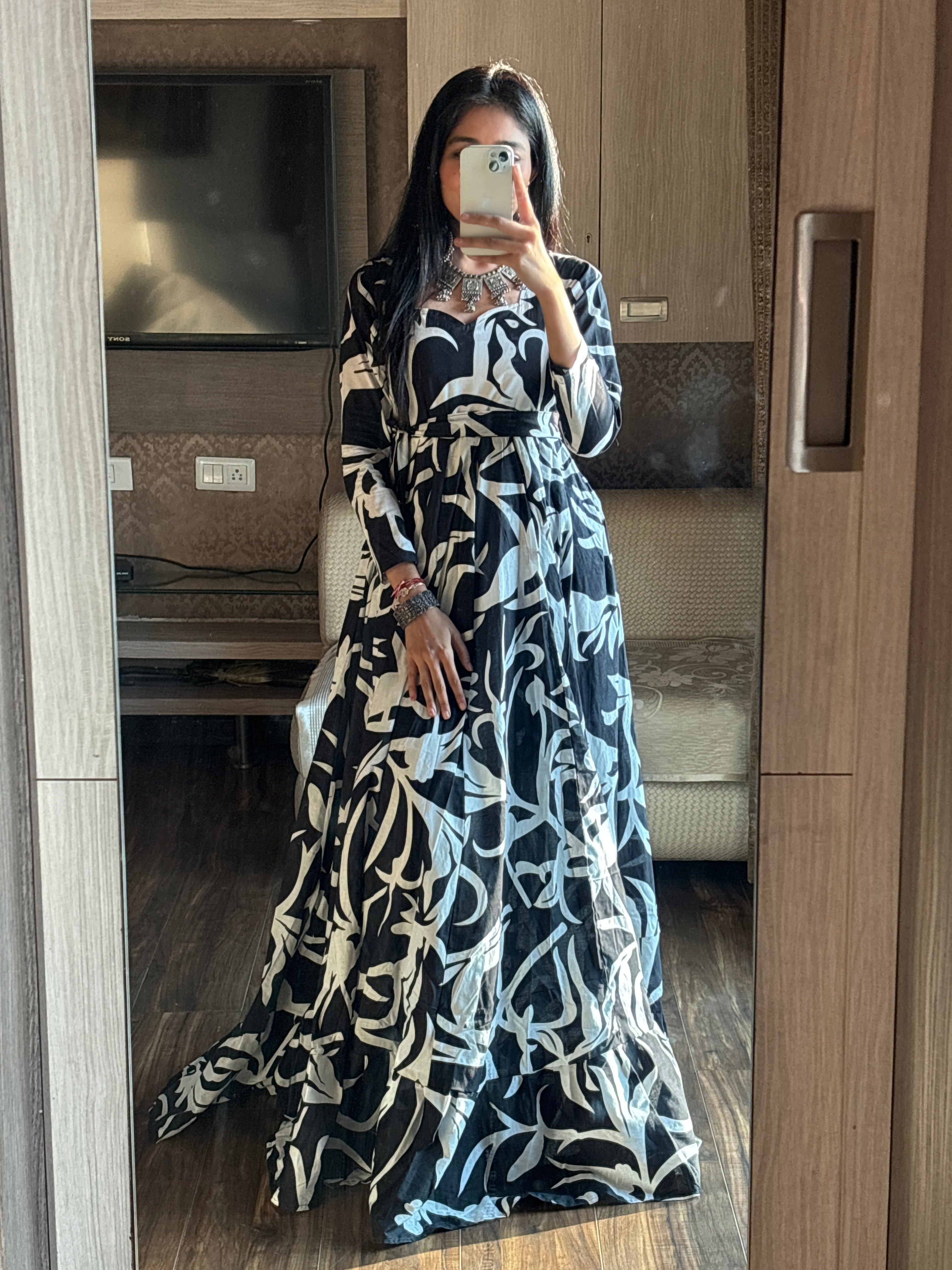 Black Cotton Floral Gown