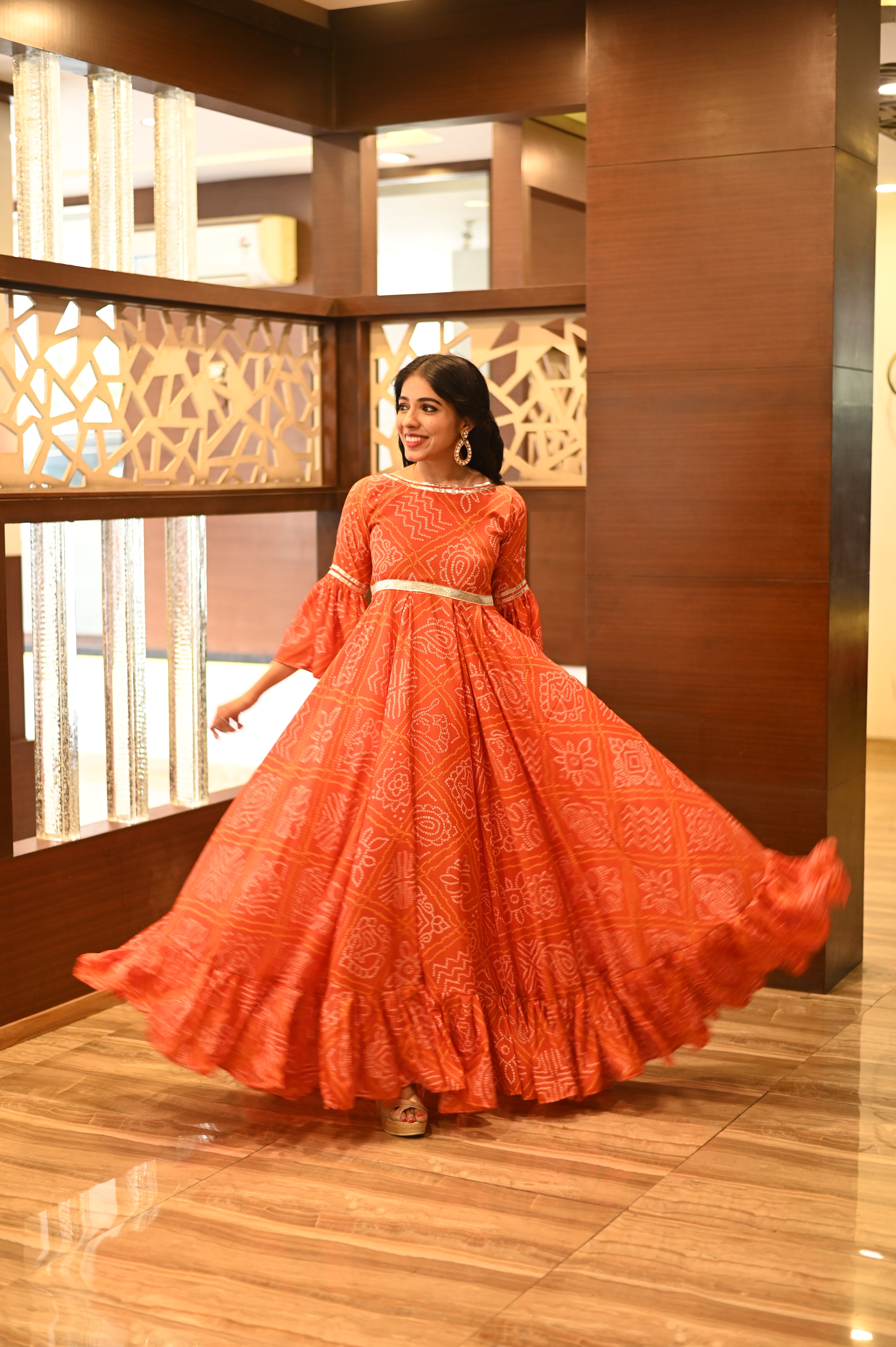 Orange Bandhani Crepe Gown