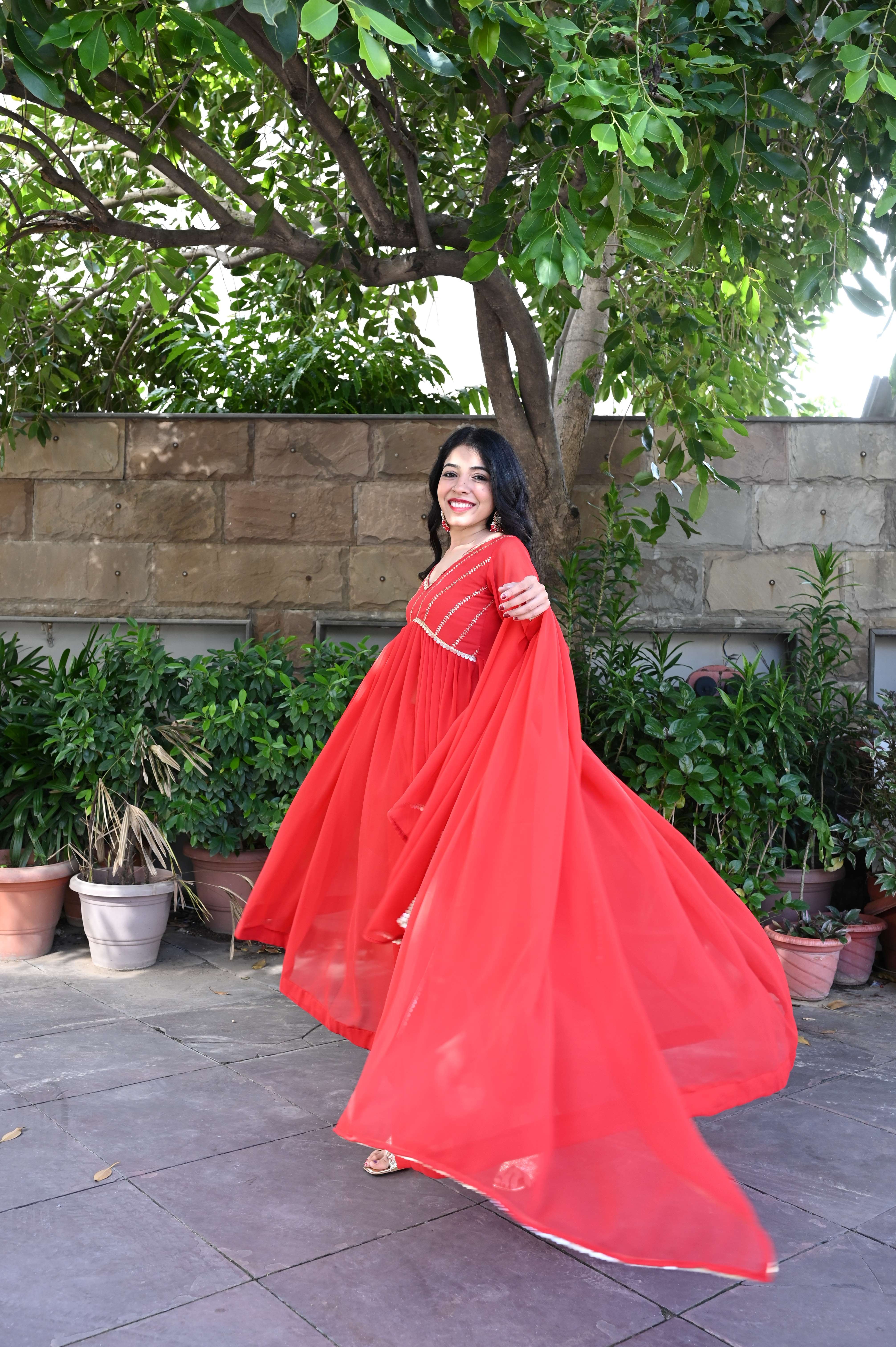 Red Designer Georgette Anarkali Set
