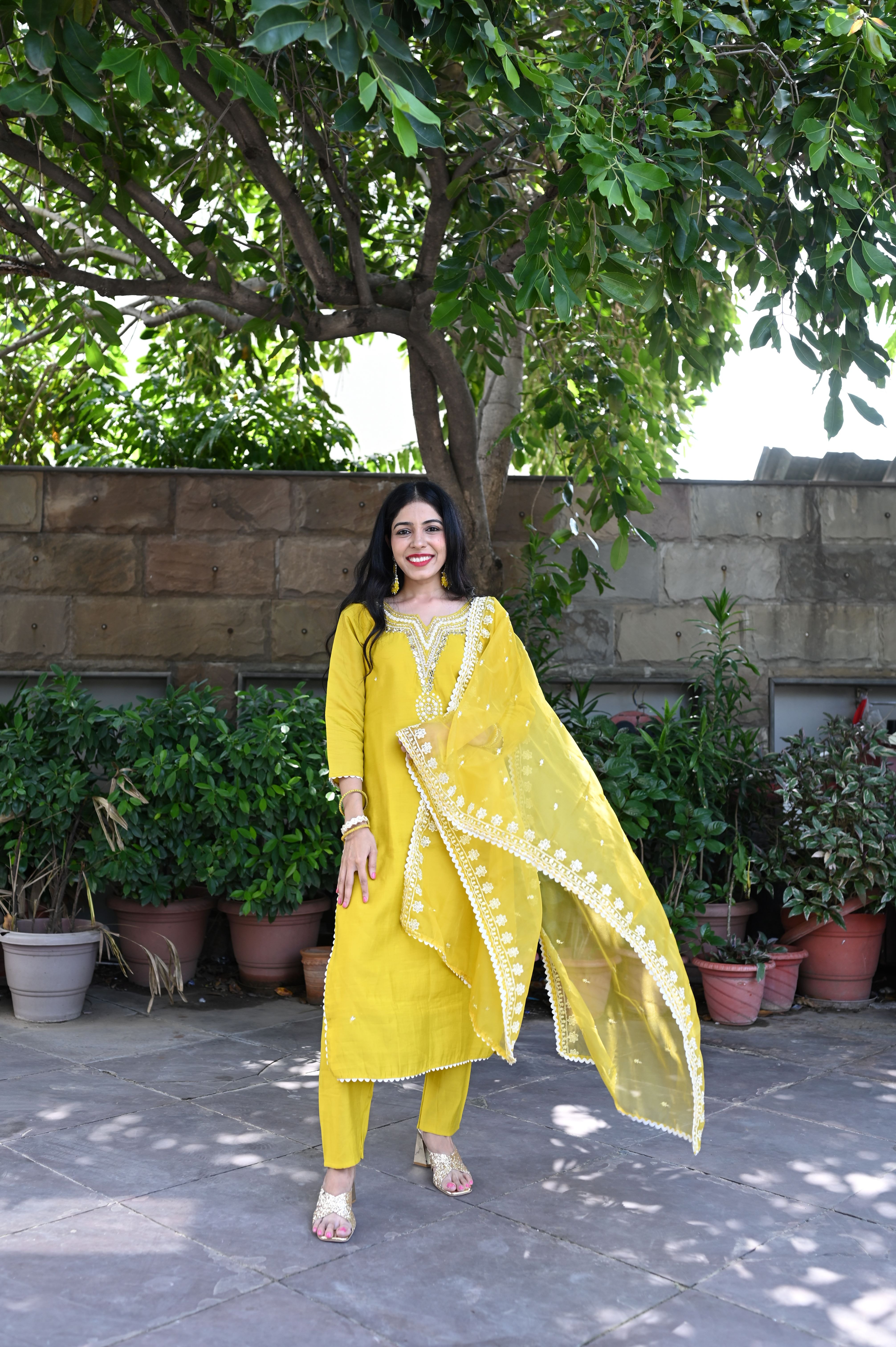 Yellow Silk Mirror Embroidered Suit