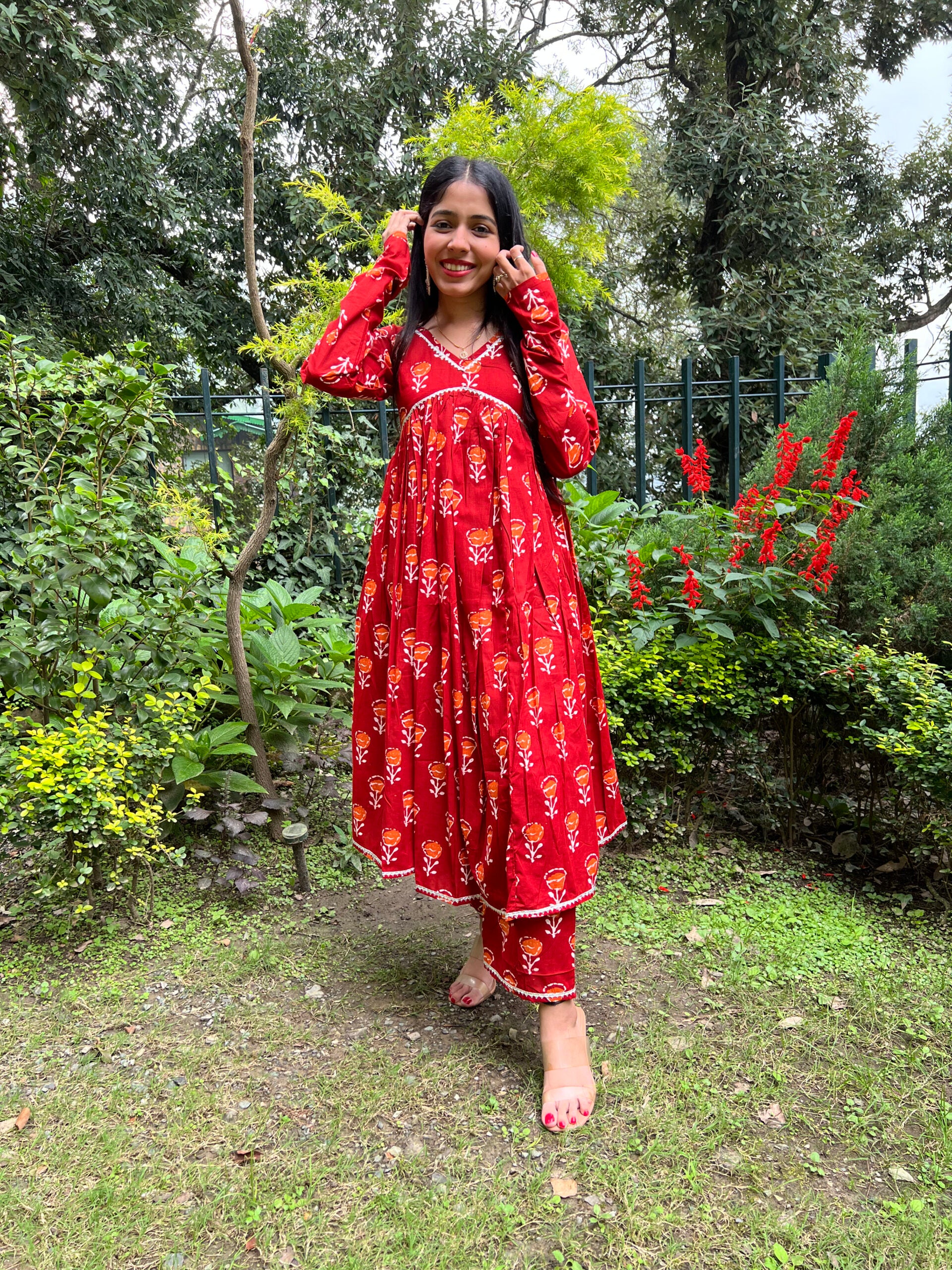 Red Floral Handblock Printed Kurta Set