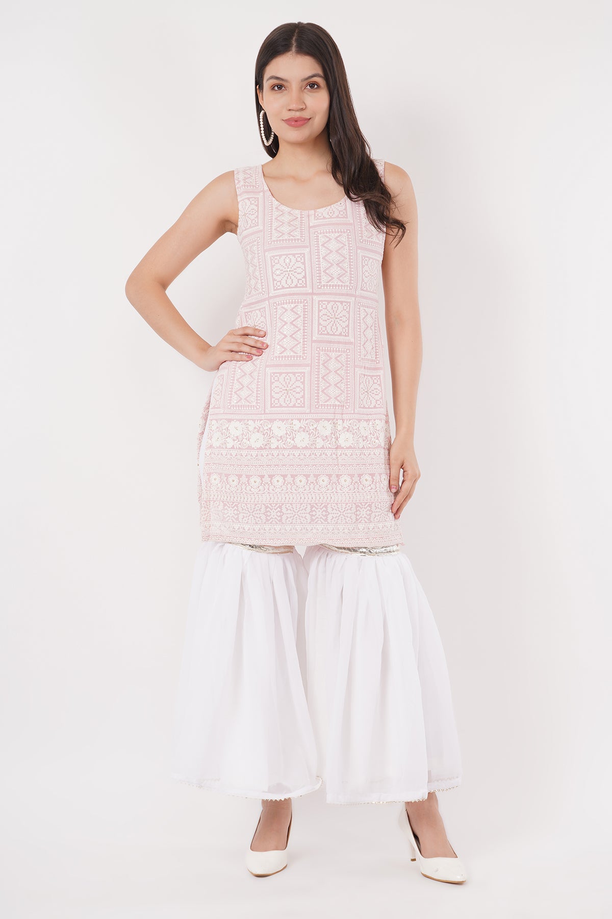 Pastel Pink Chikankari Kurti Sharara Set