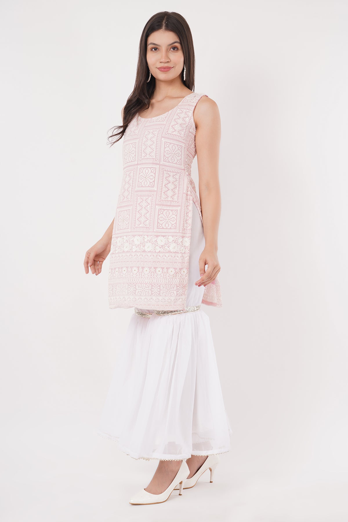 Pastel Pink Chikankari Kurti Sharara Set