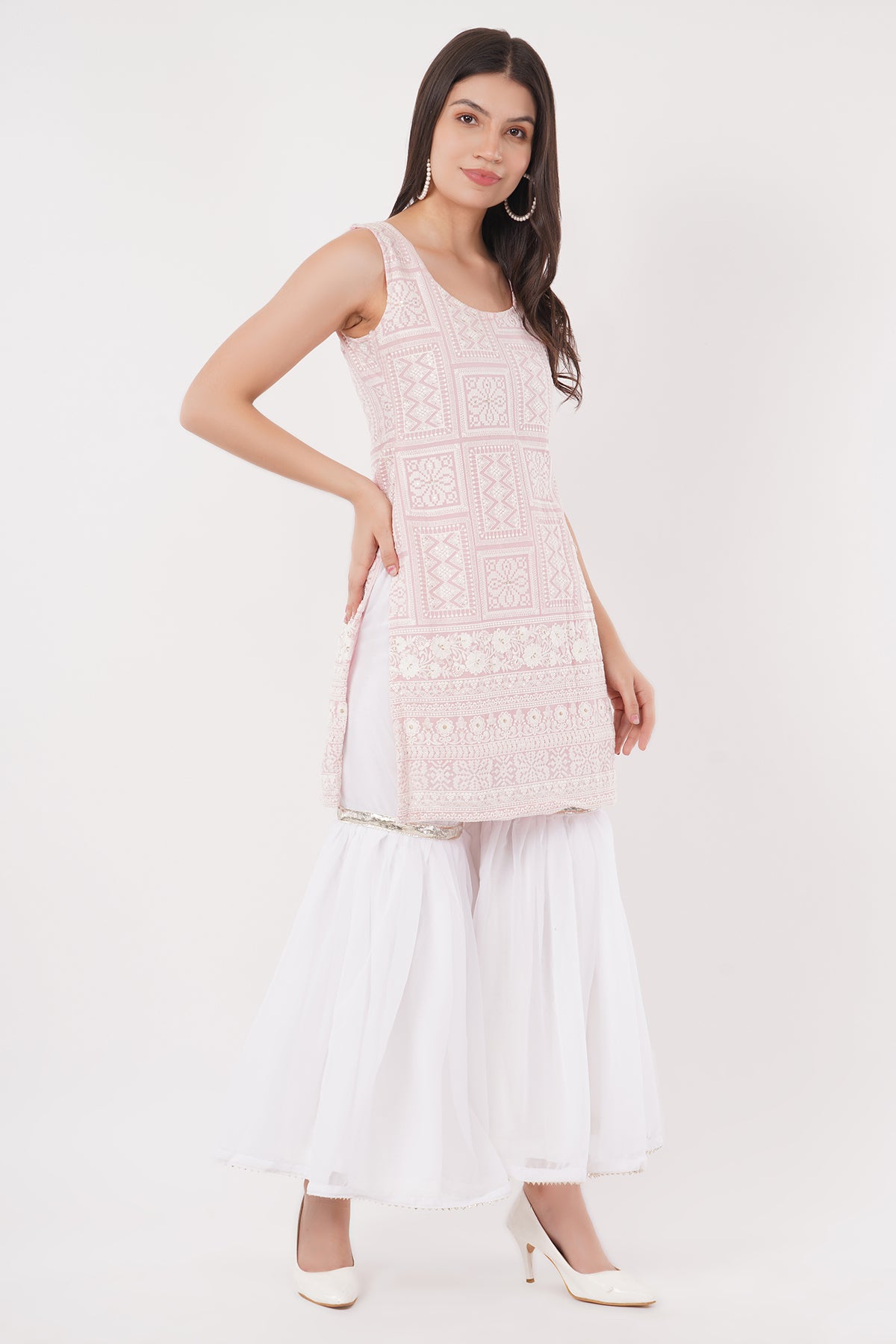 Pastel Pink Chikankari Kurti Sharara Set