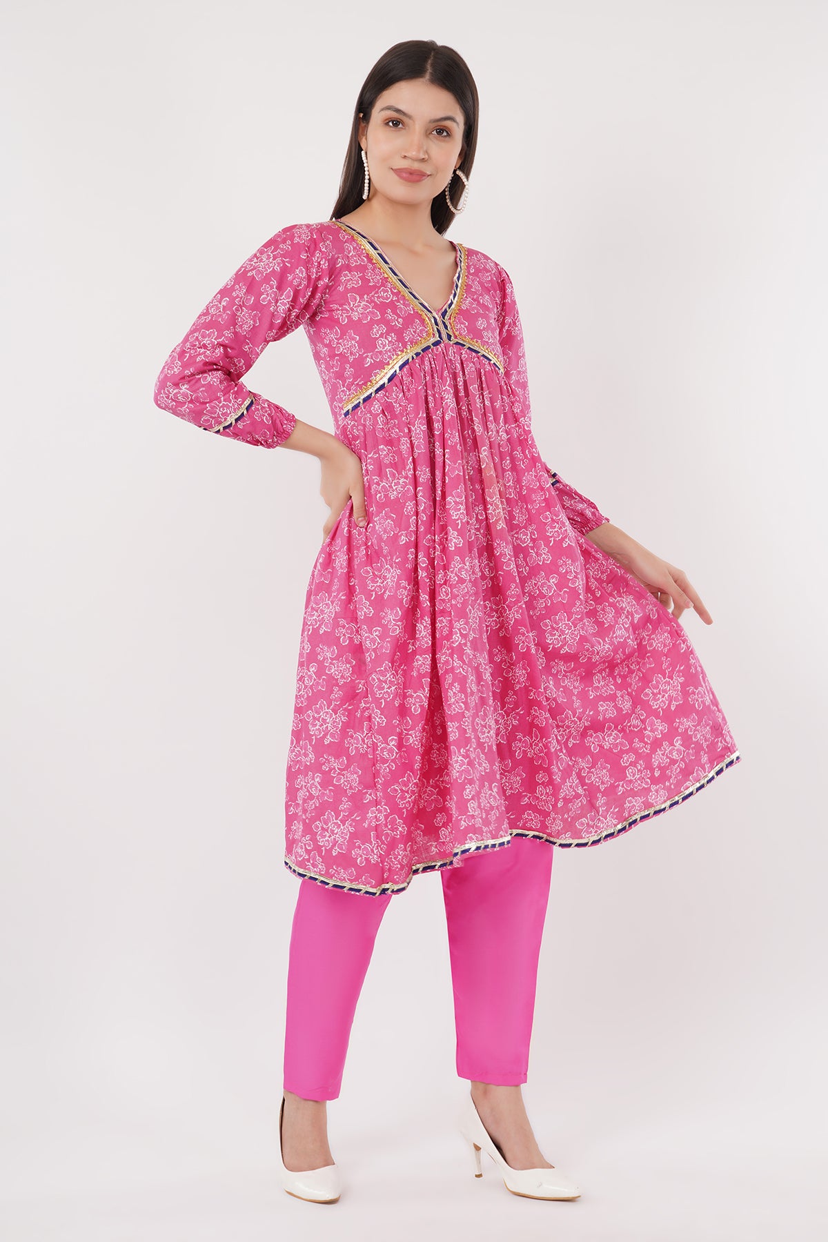 Pink handblocked printed alia cut kurta