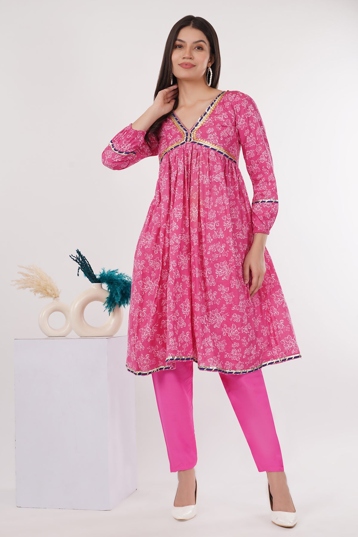 Pink handblocked printed alia cut kurta