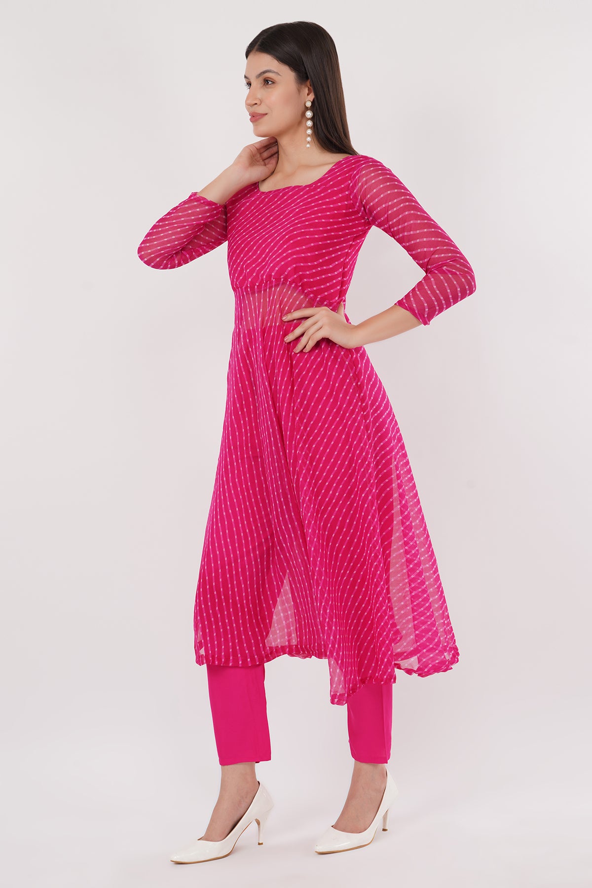 Pink Leheriya Georgette Kurta Set