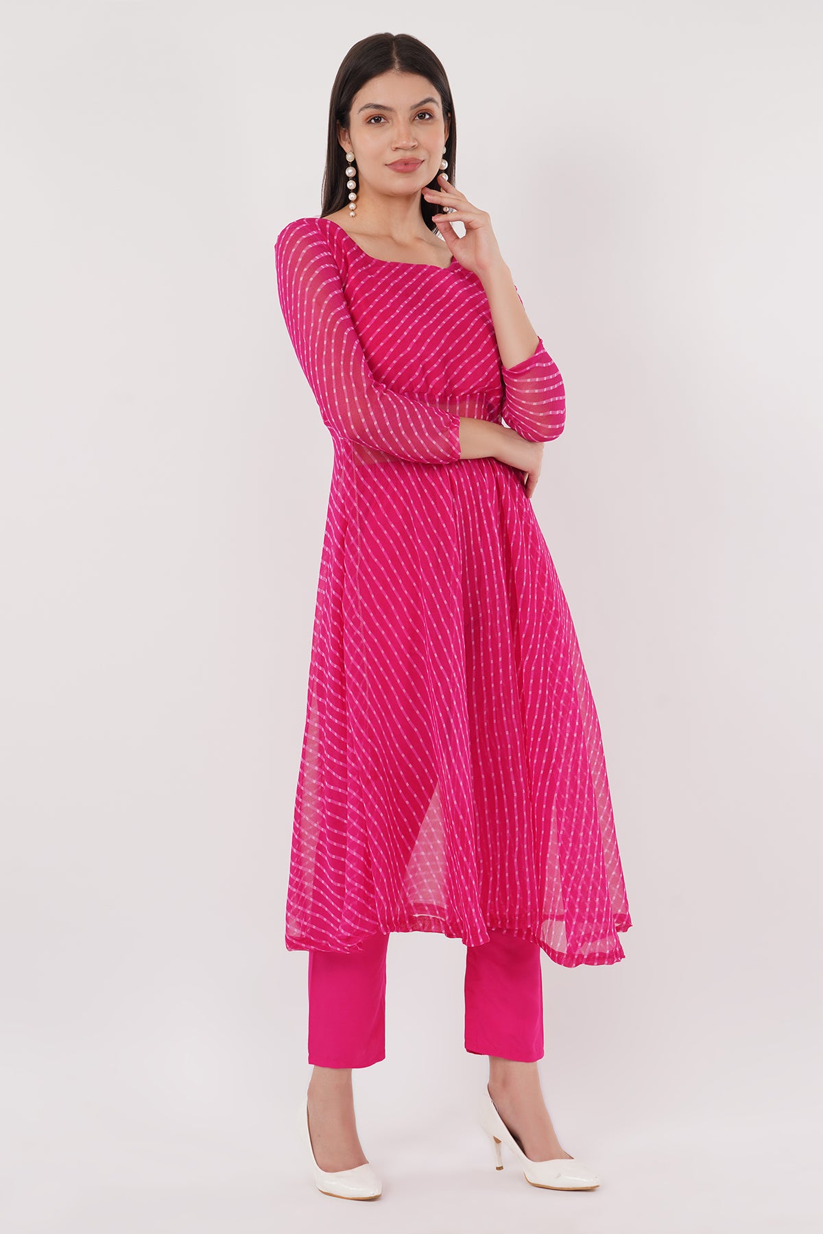 Pink Leheriya Georgette Kurta Set