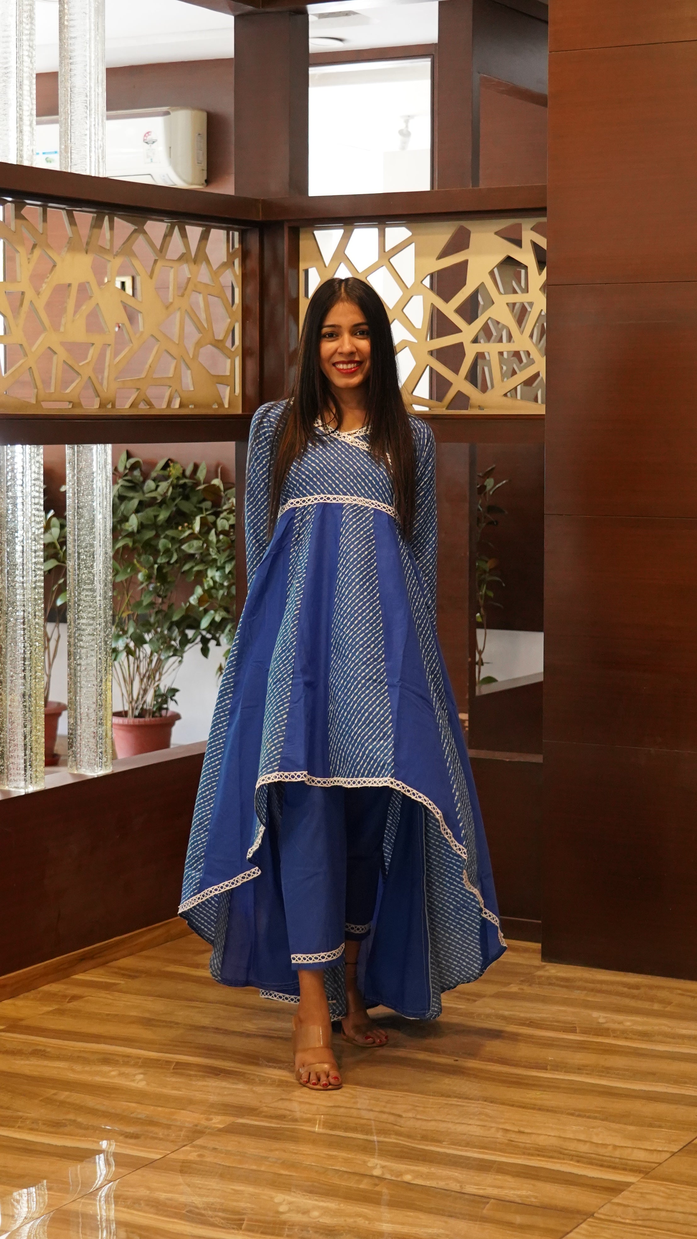 Blue Leheriya Lace Work Anarkali Kurta Set