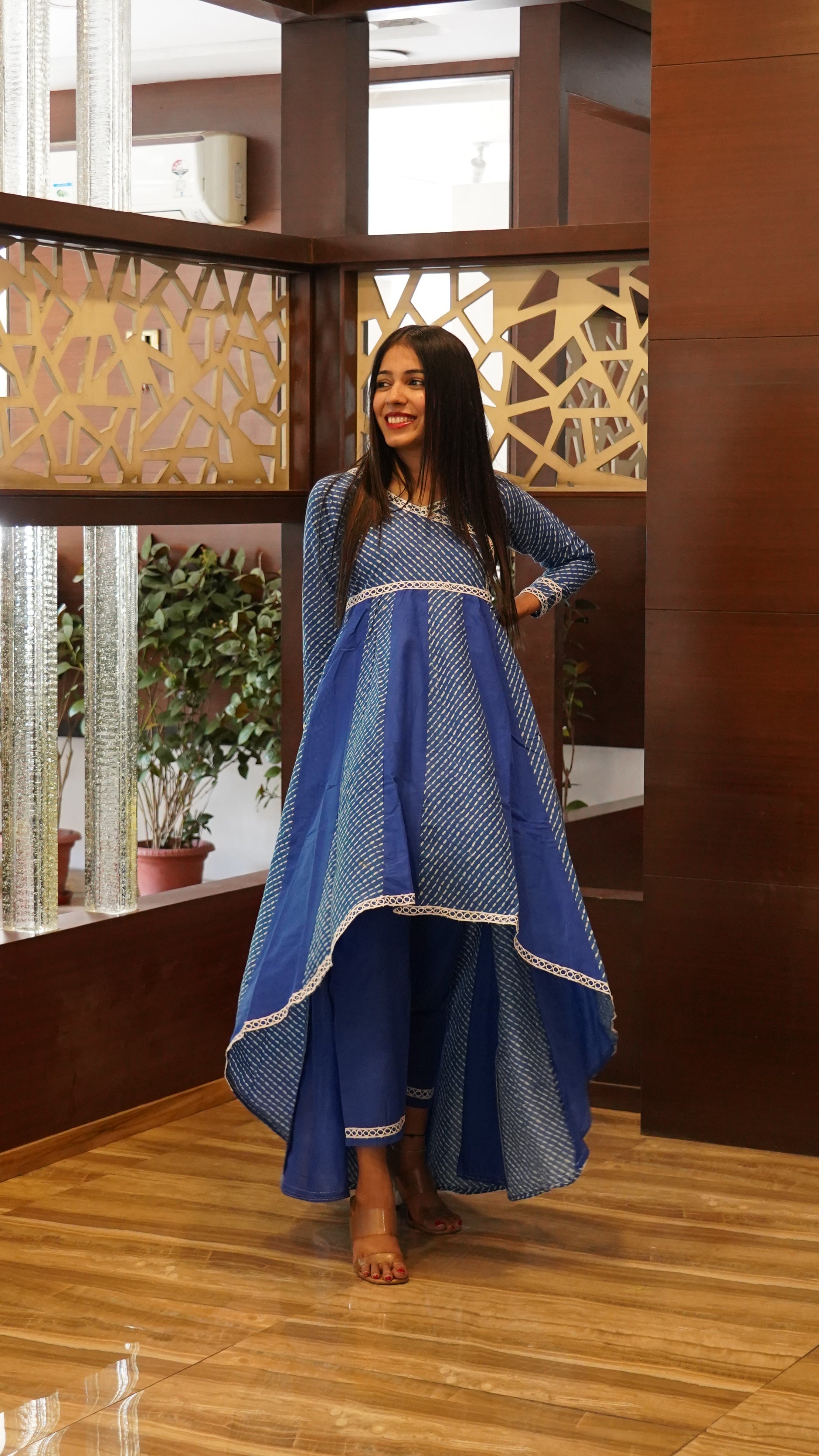 Blue Leheriya Lace Work Anarkali Kurta Set