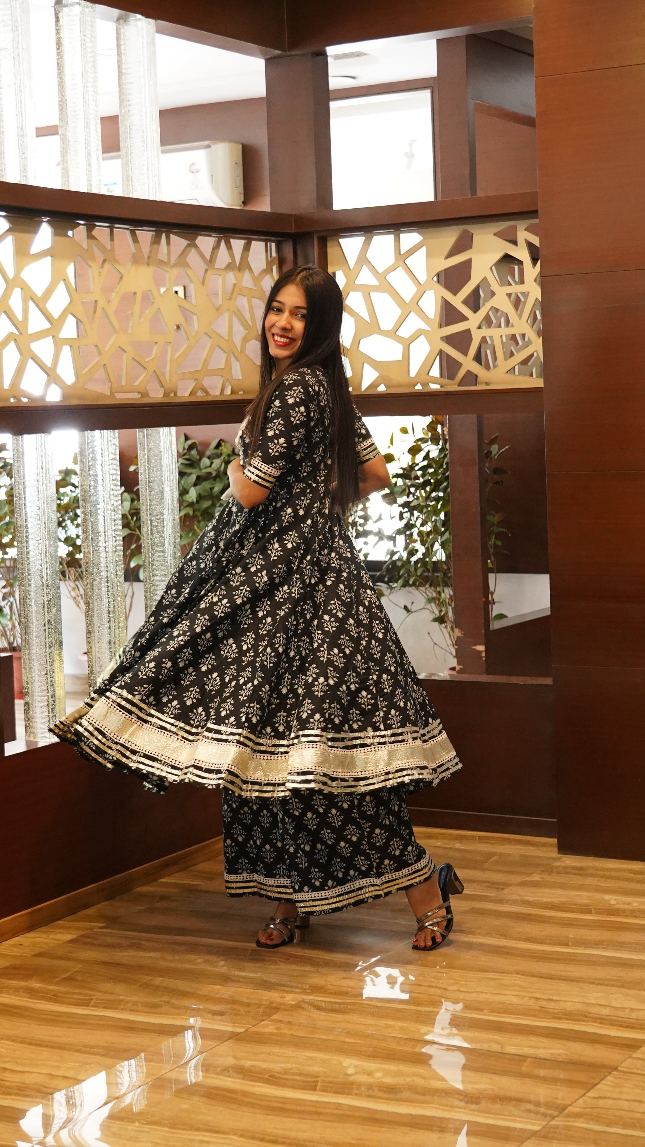 Black Handblocked Printed Gota Work Anarkali Set