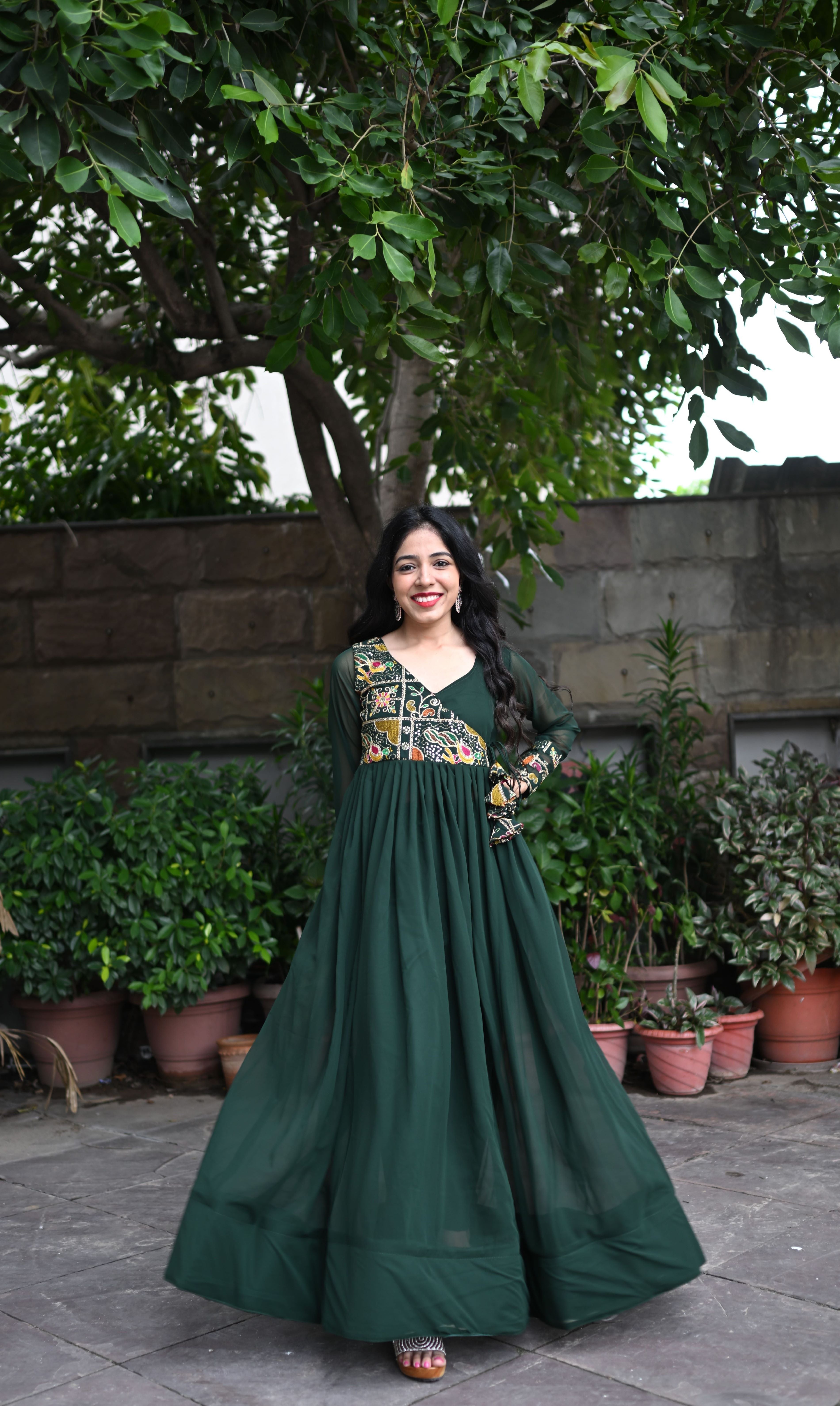 Bottle Green Handwork Georgette Suit