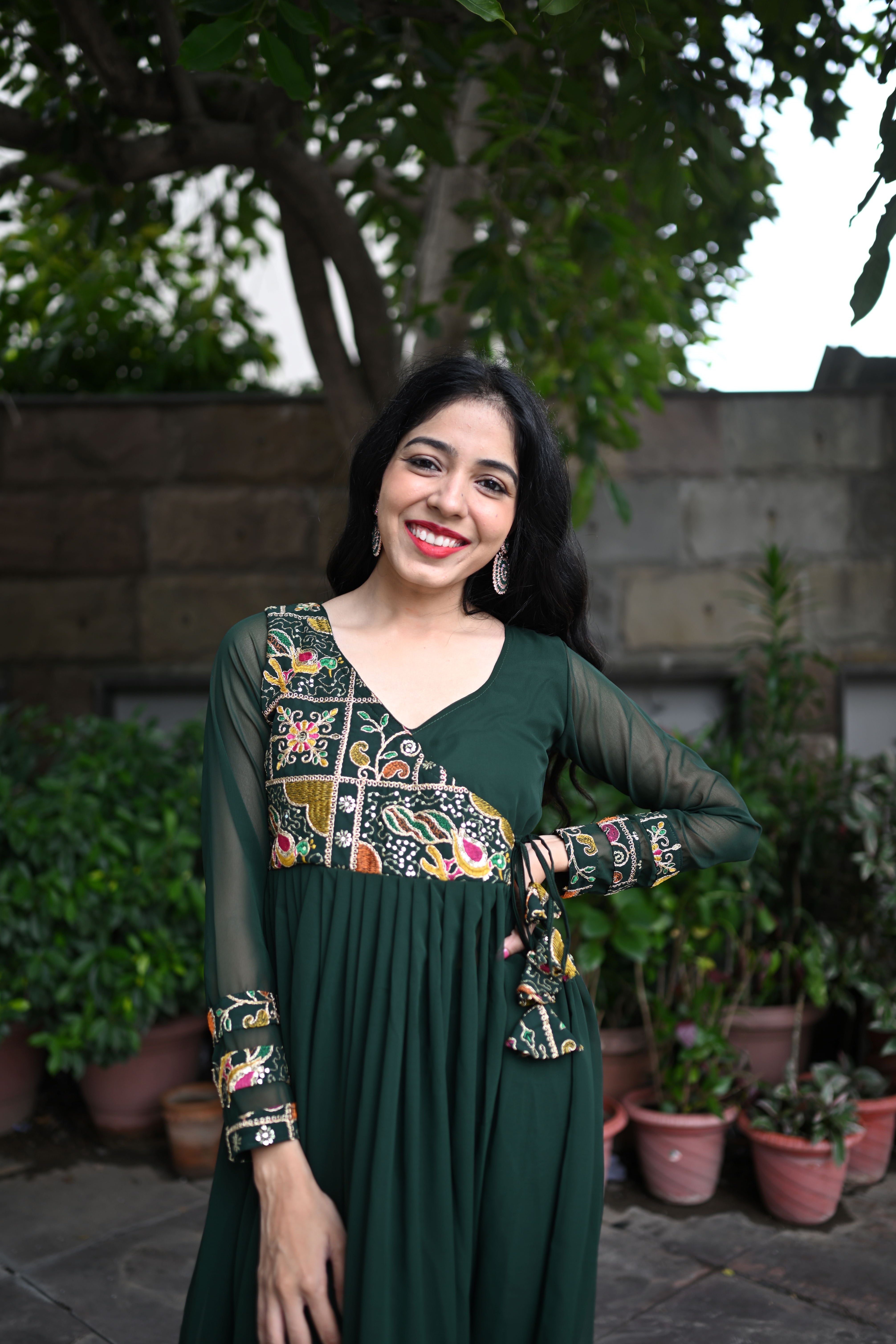 Bottle Green Handwork Georgette Suit