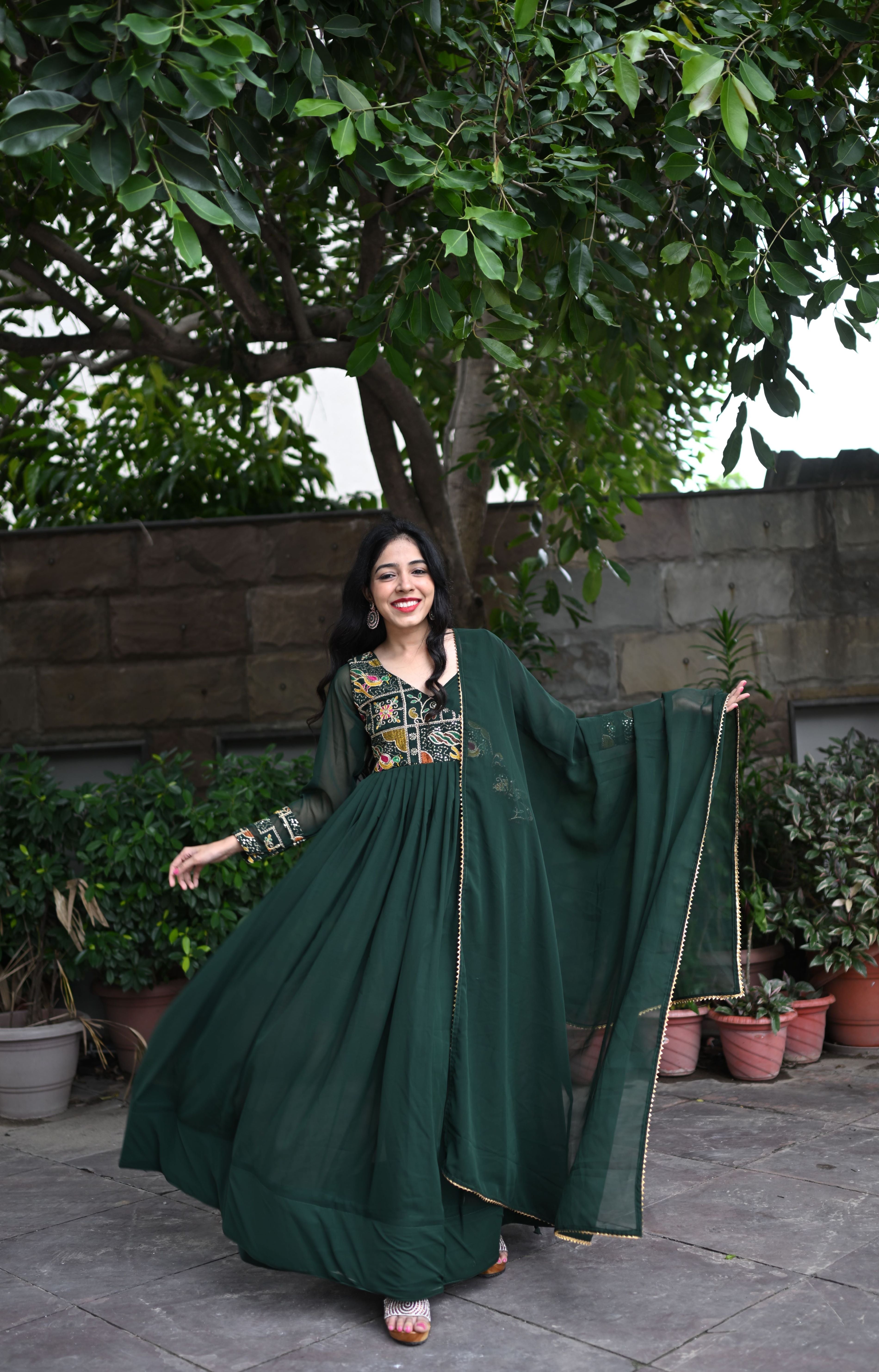 Bottle Green Handwork Georgette Suit