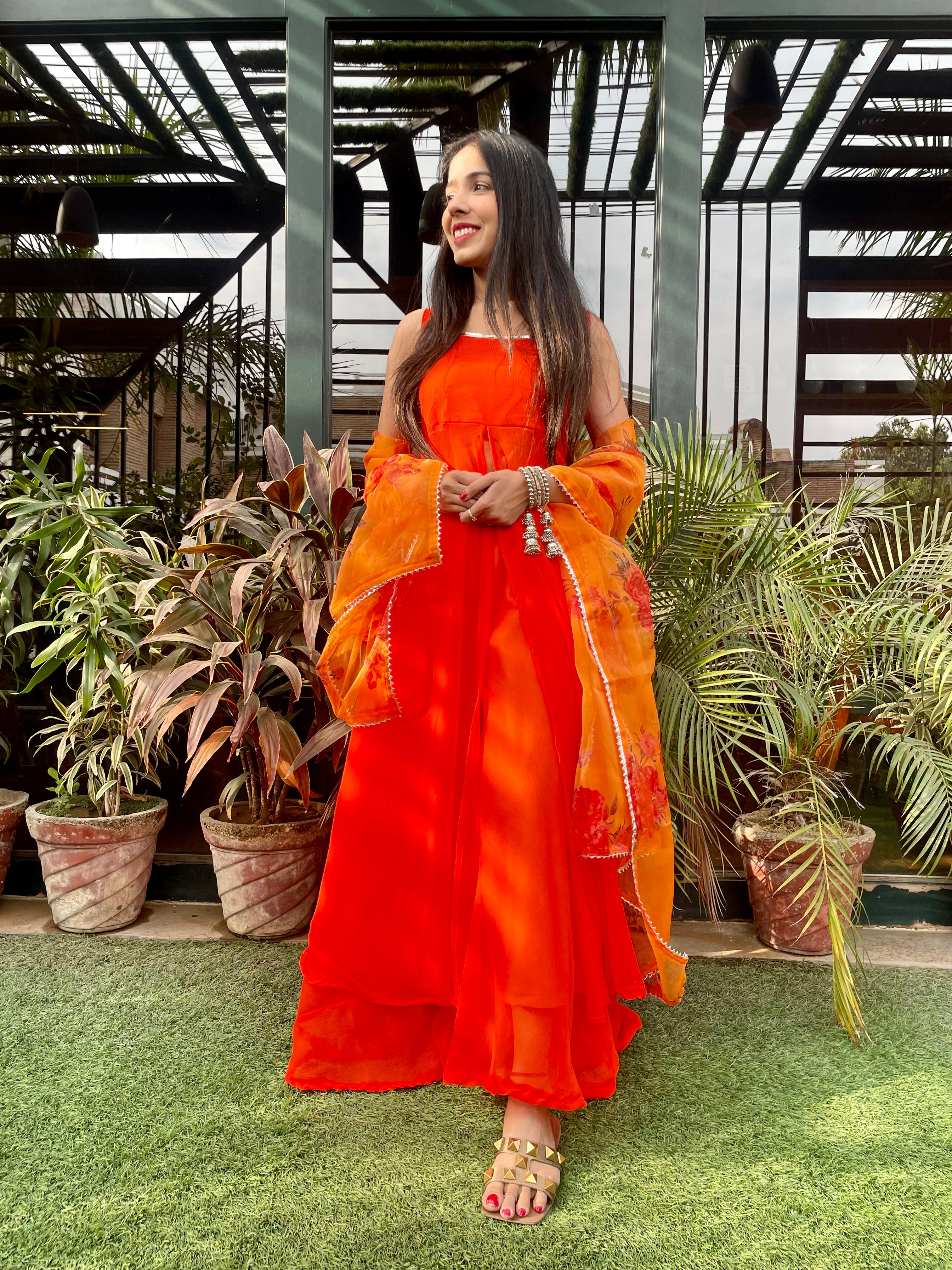 Orange georgette Floral Organza suit set