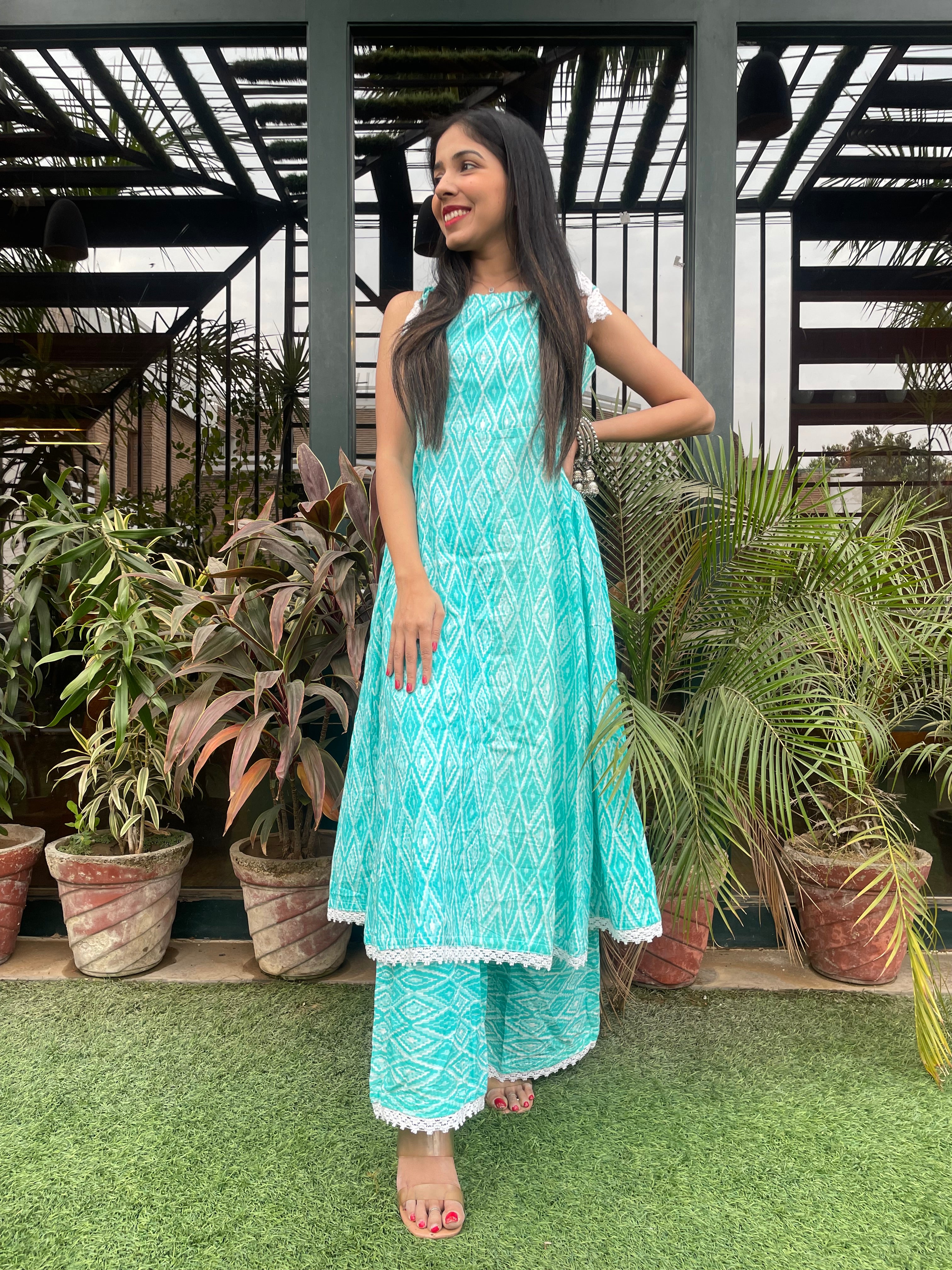 Sky blue handblocked printed summer kurta set