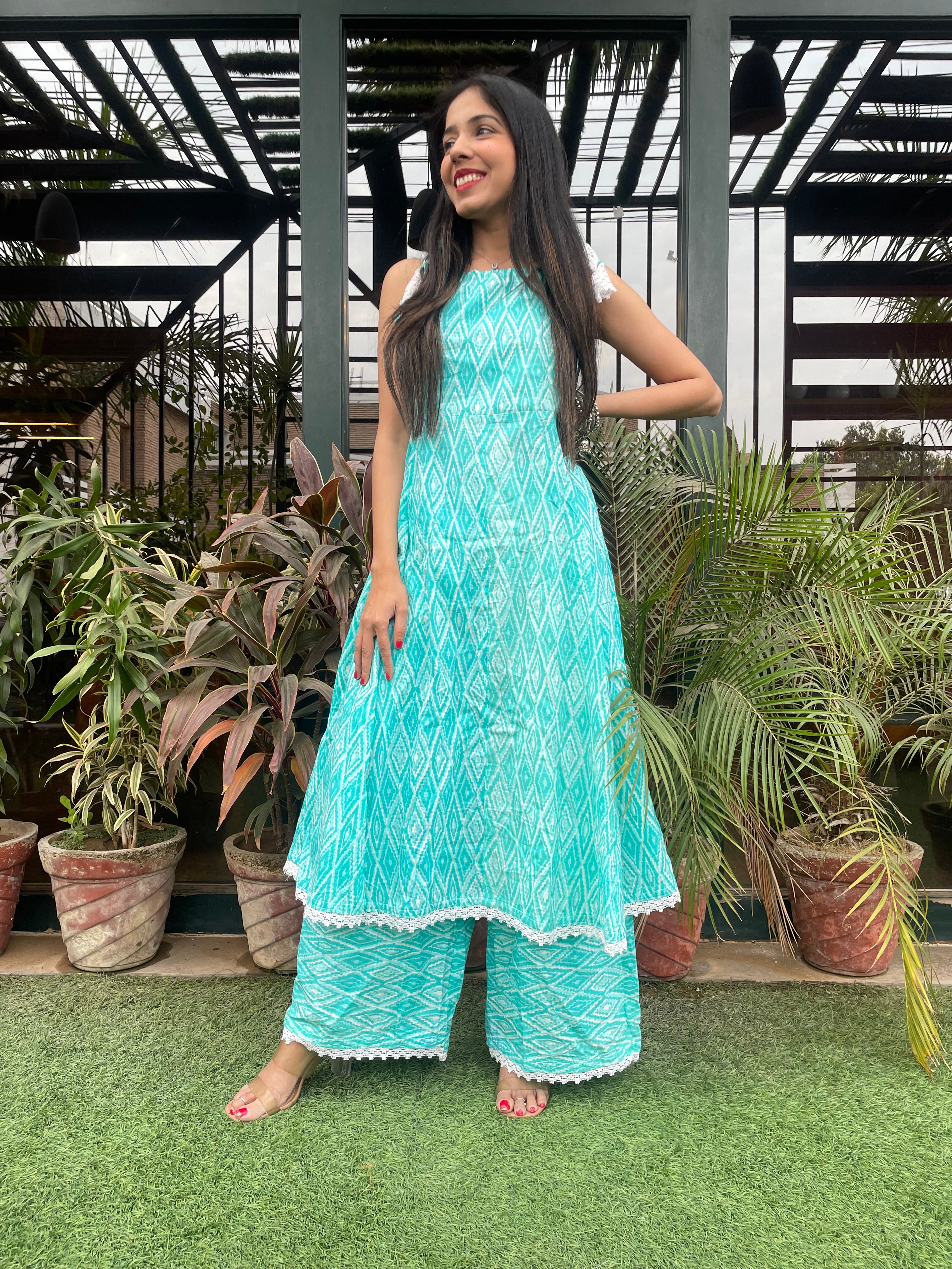 Sky blue handblocked printed summer kurta set