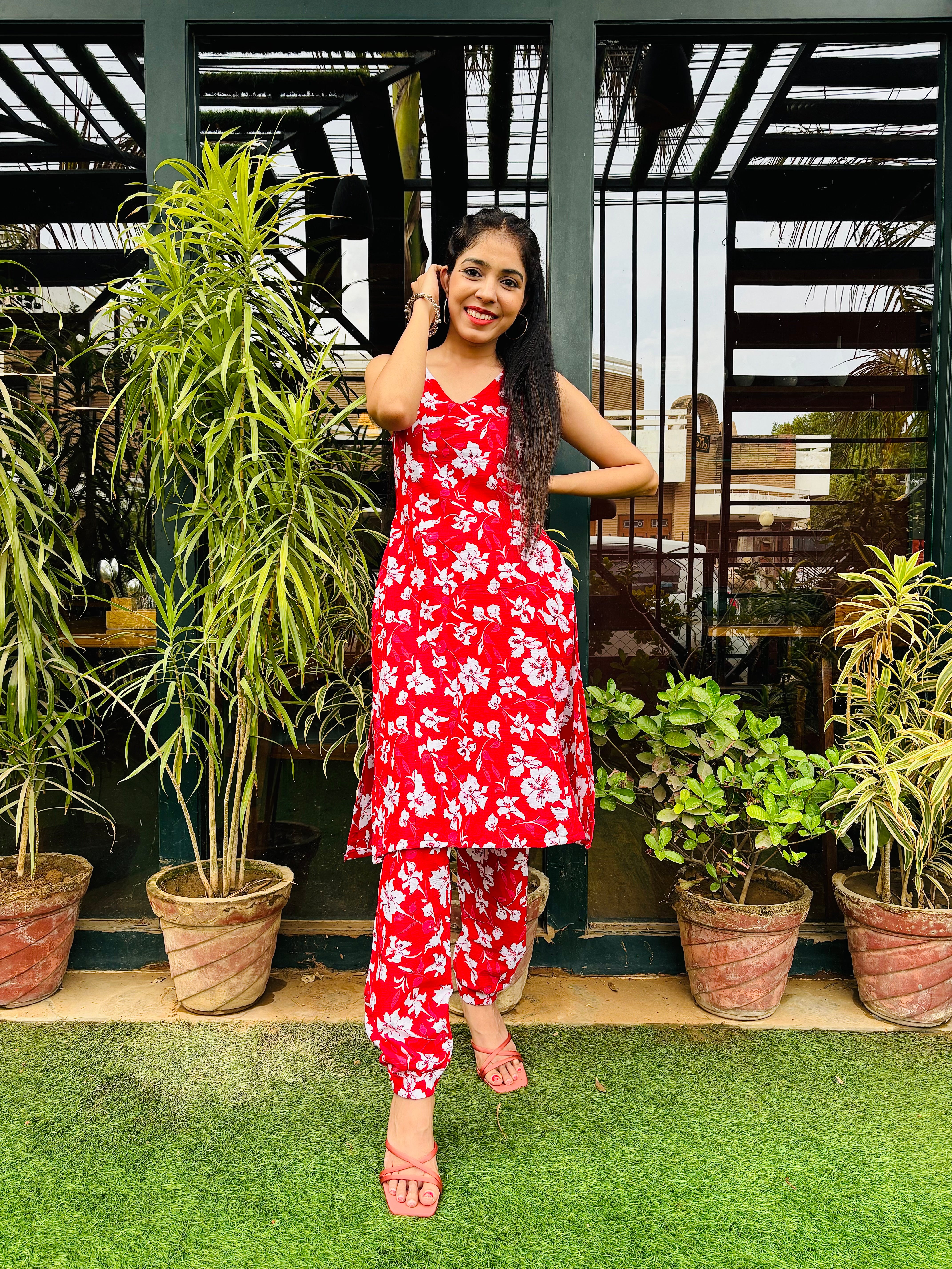 Red Cotton Floral Printed Set