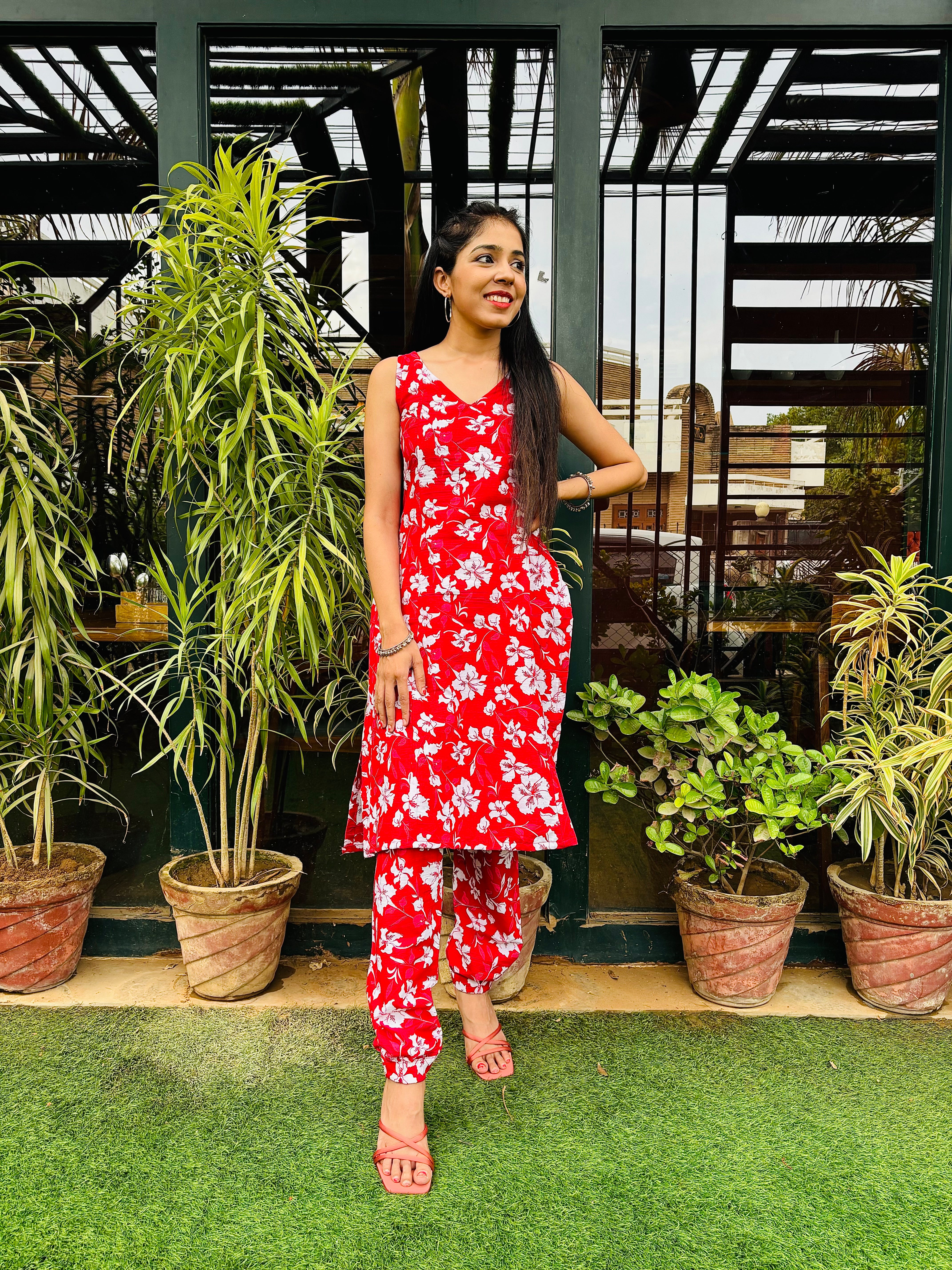 Red Cotton Floral Printed Set