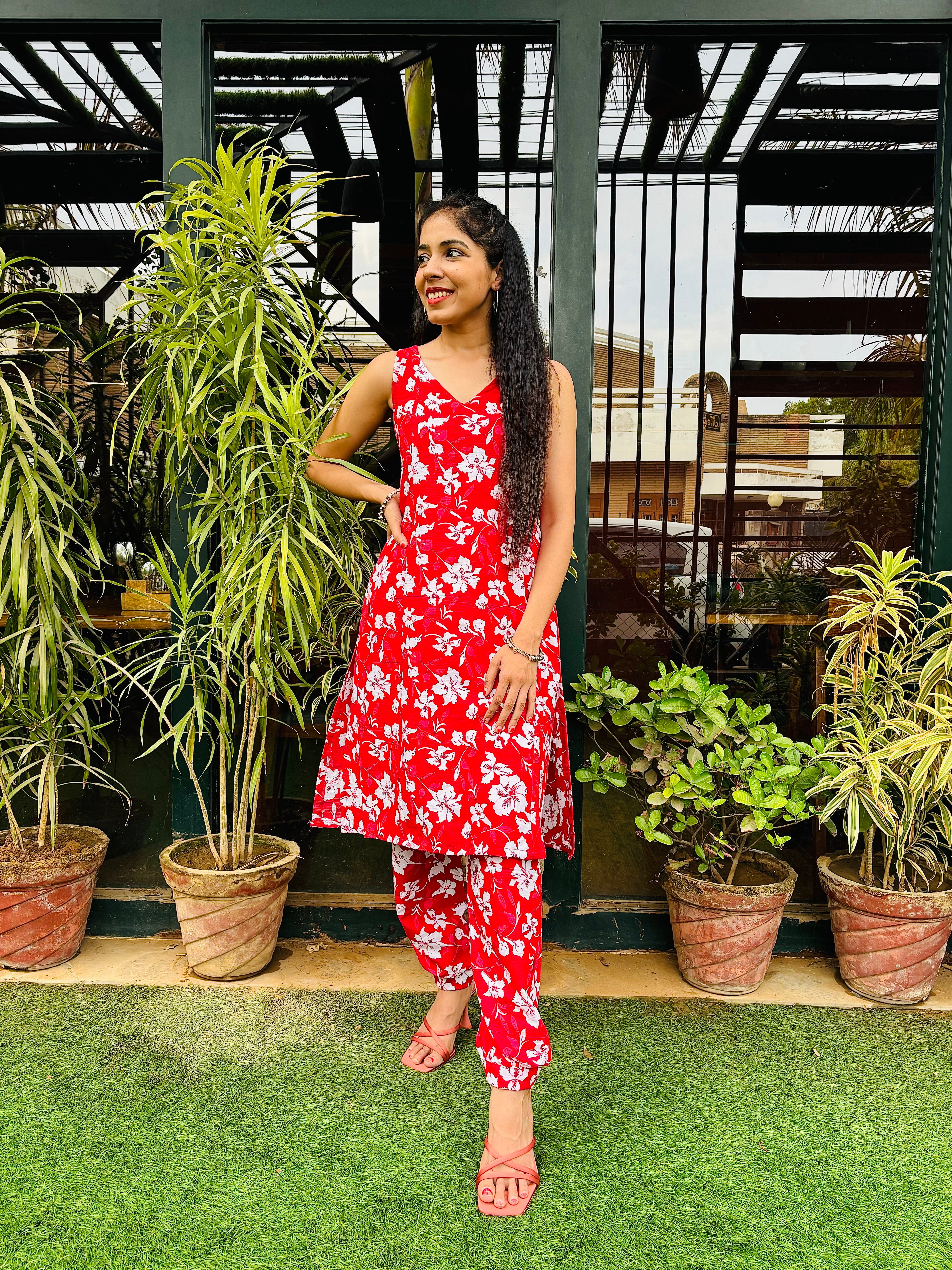 Red Cotton Floral Printed Set