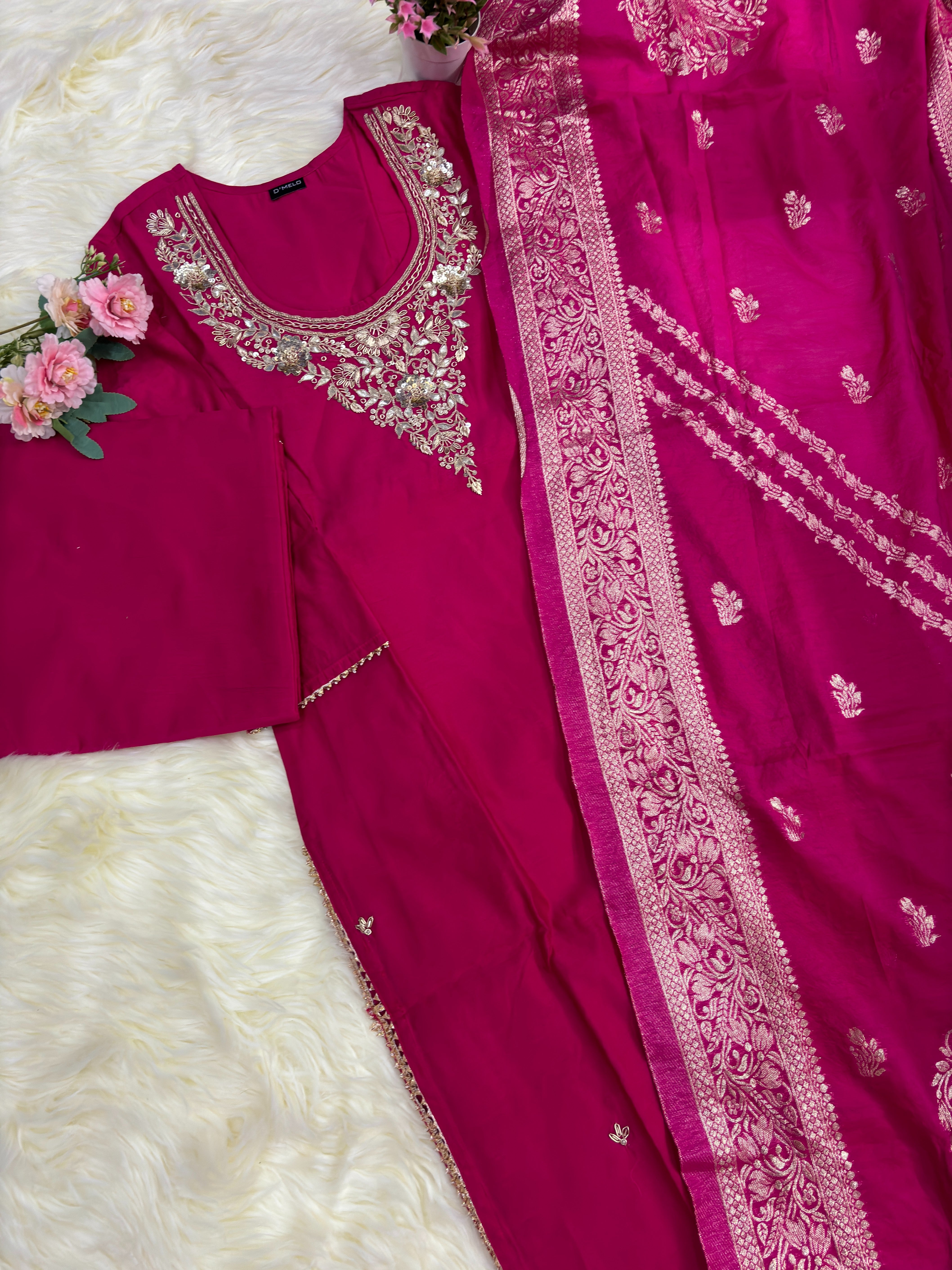 Pink Chanderi Zardosi Work Suit Set