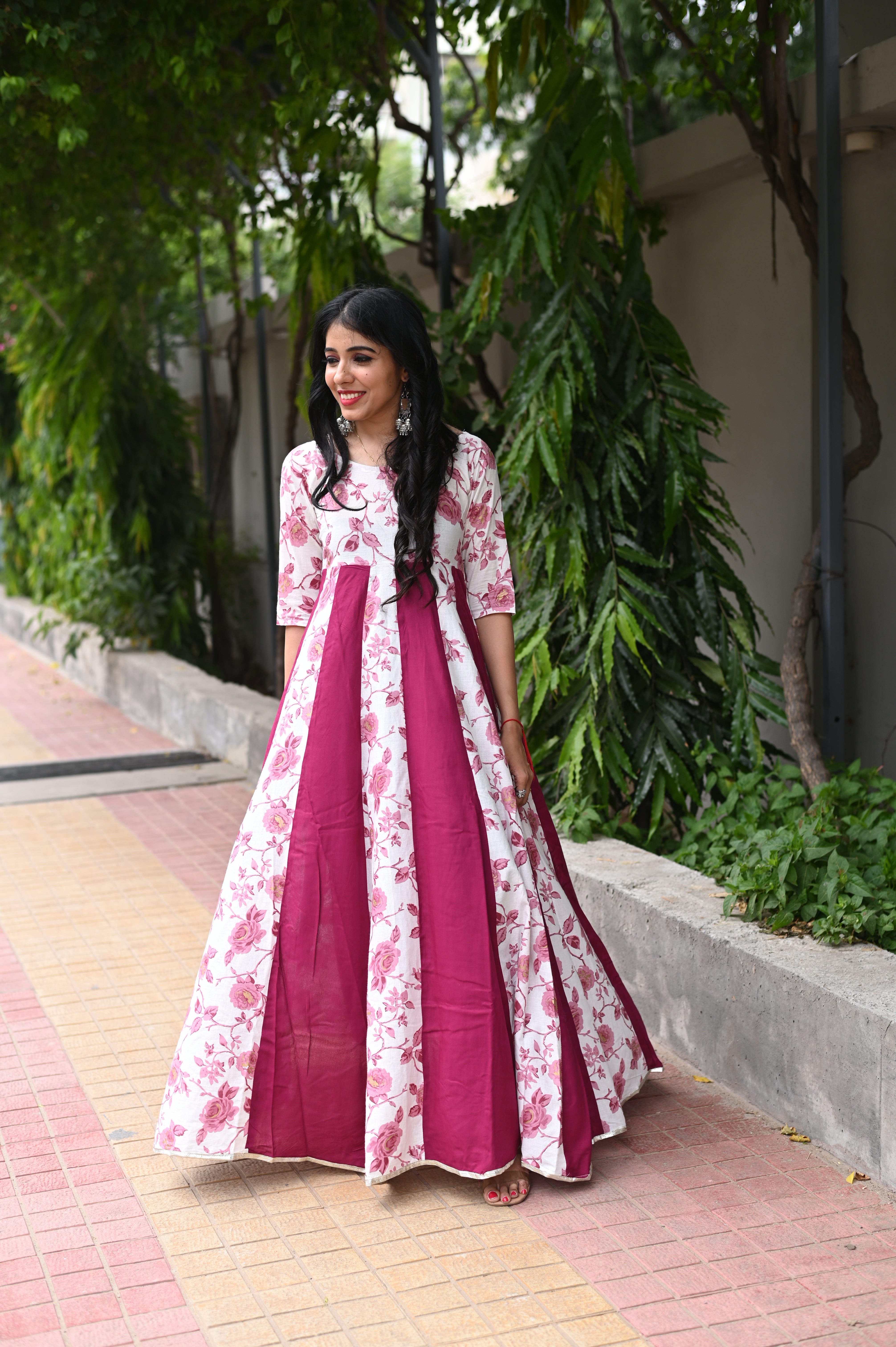 Pink Floral Printed Anarkali Gown