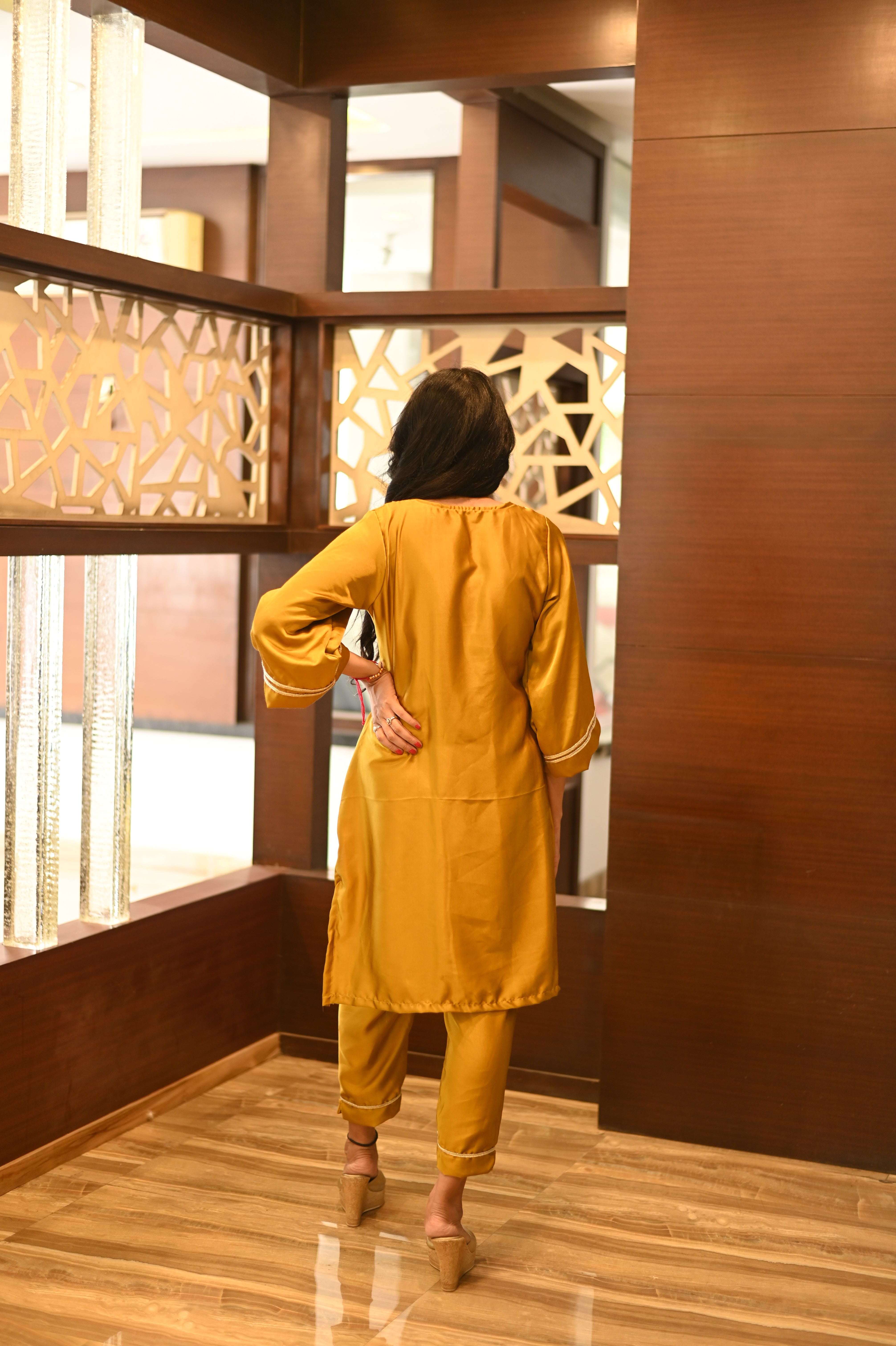 Mustard Pakistani Style Silk Kurta Set