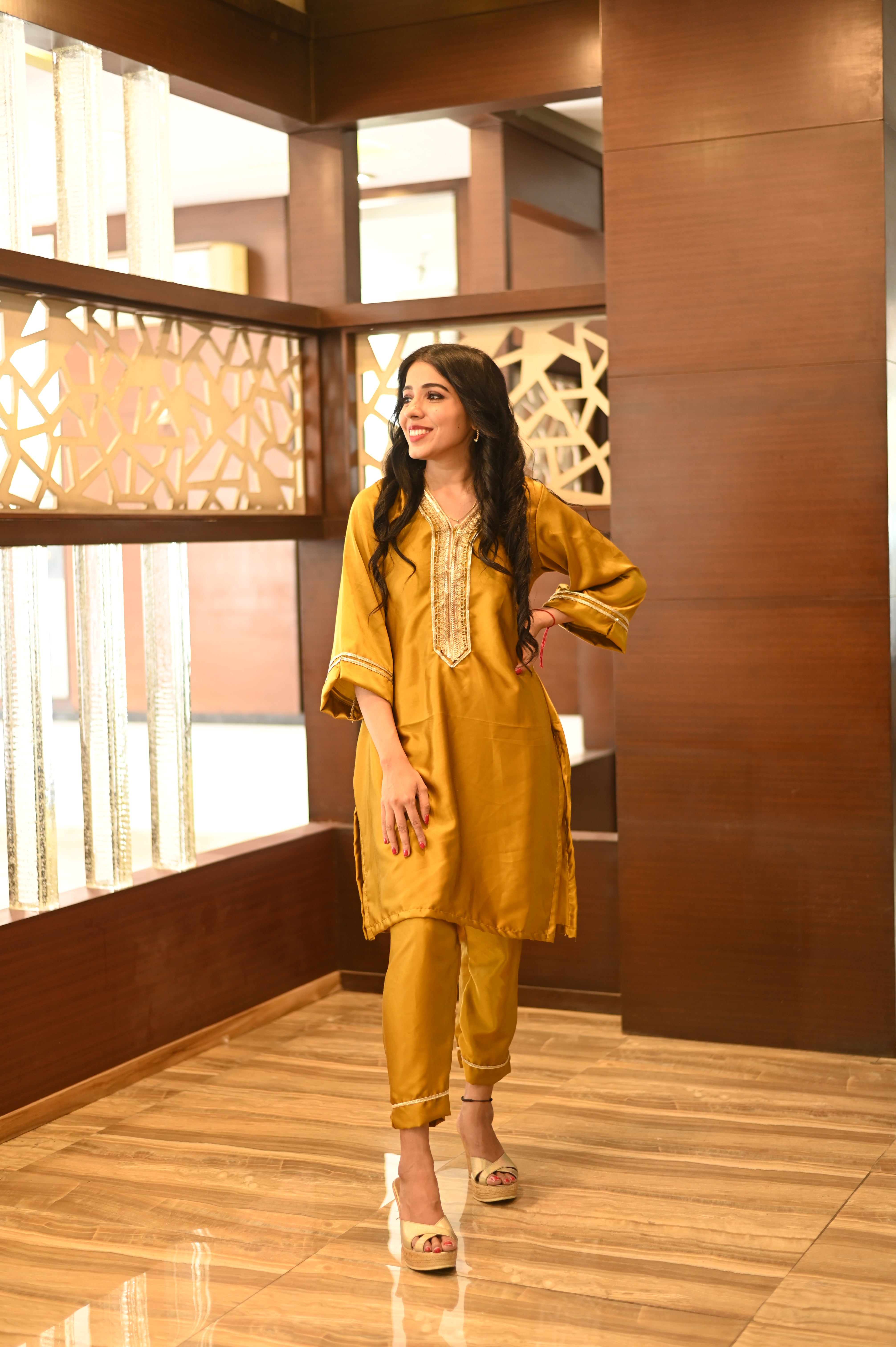 Mustard Pakistani Style Silk Kurta Set