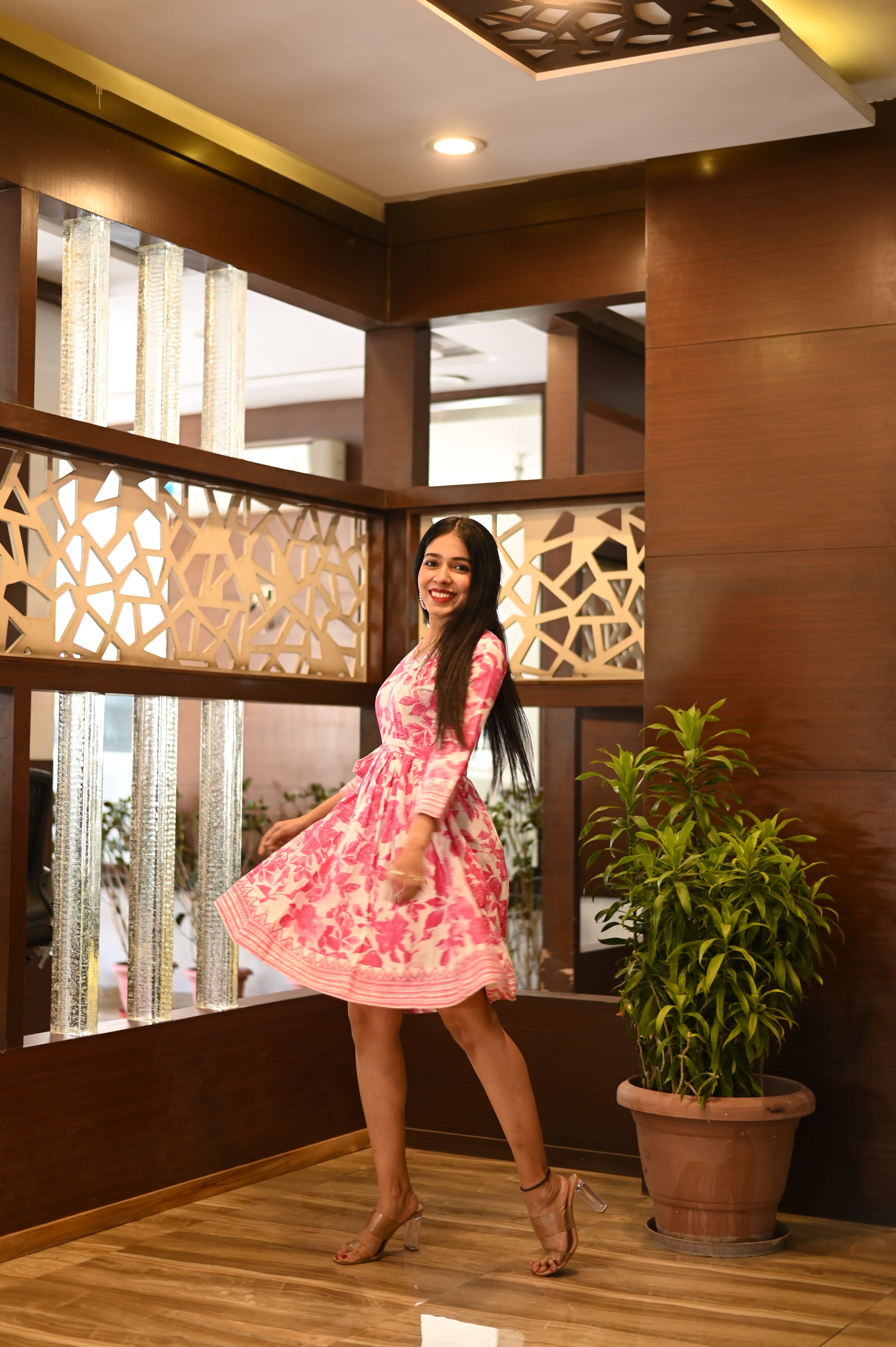 Pink Handblocked Floral Printed Cotton Dress