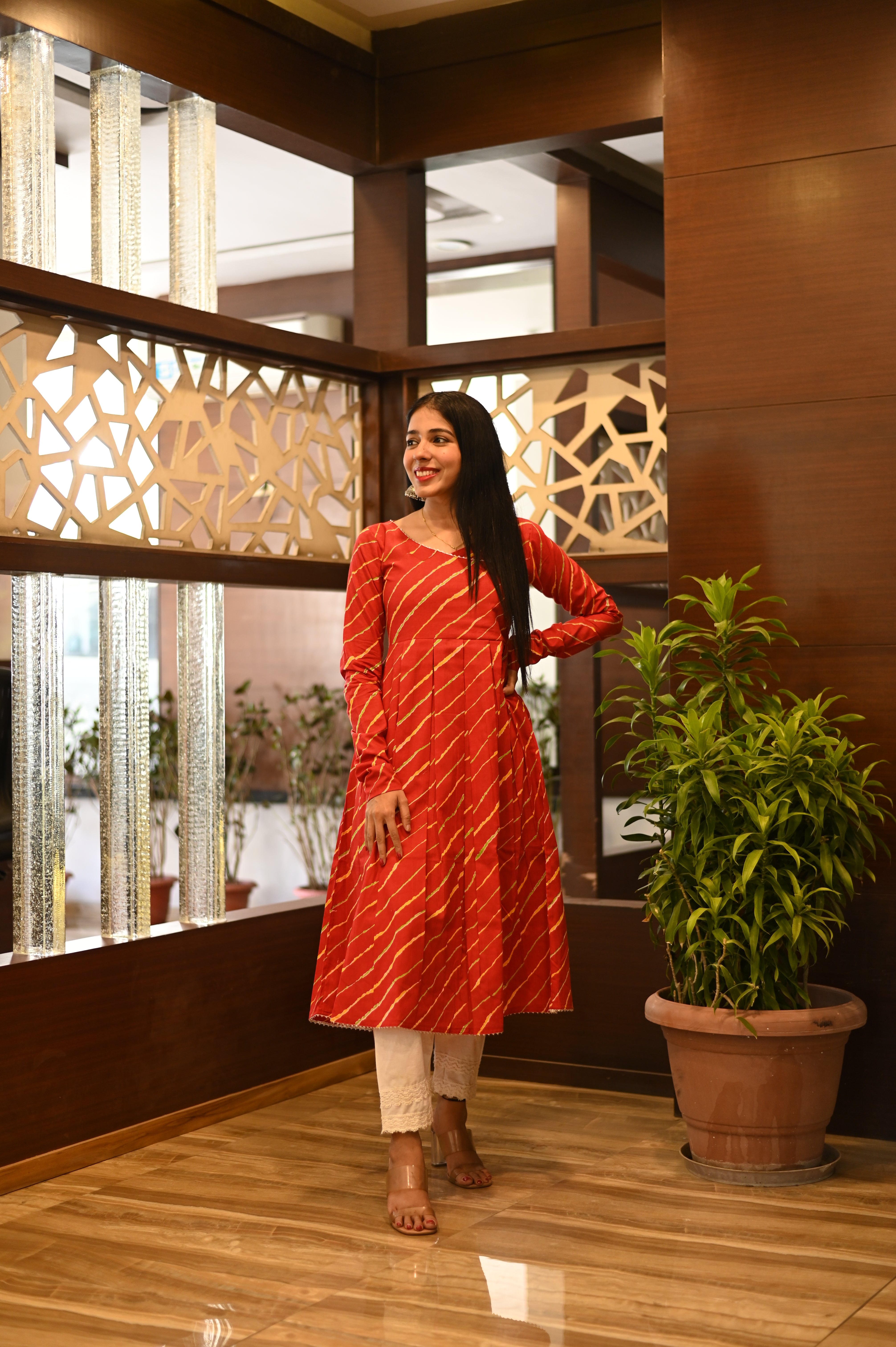 Red Cotton Leheriya Kurta Set