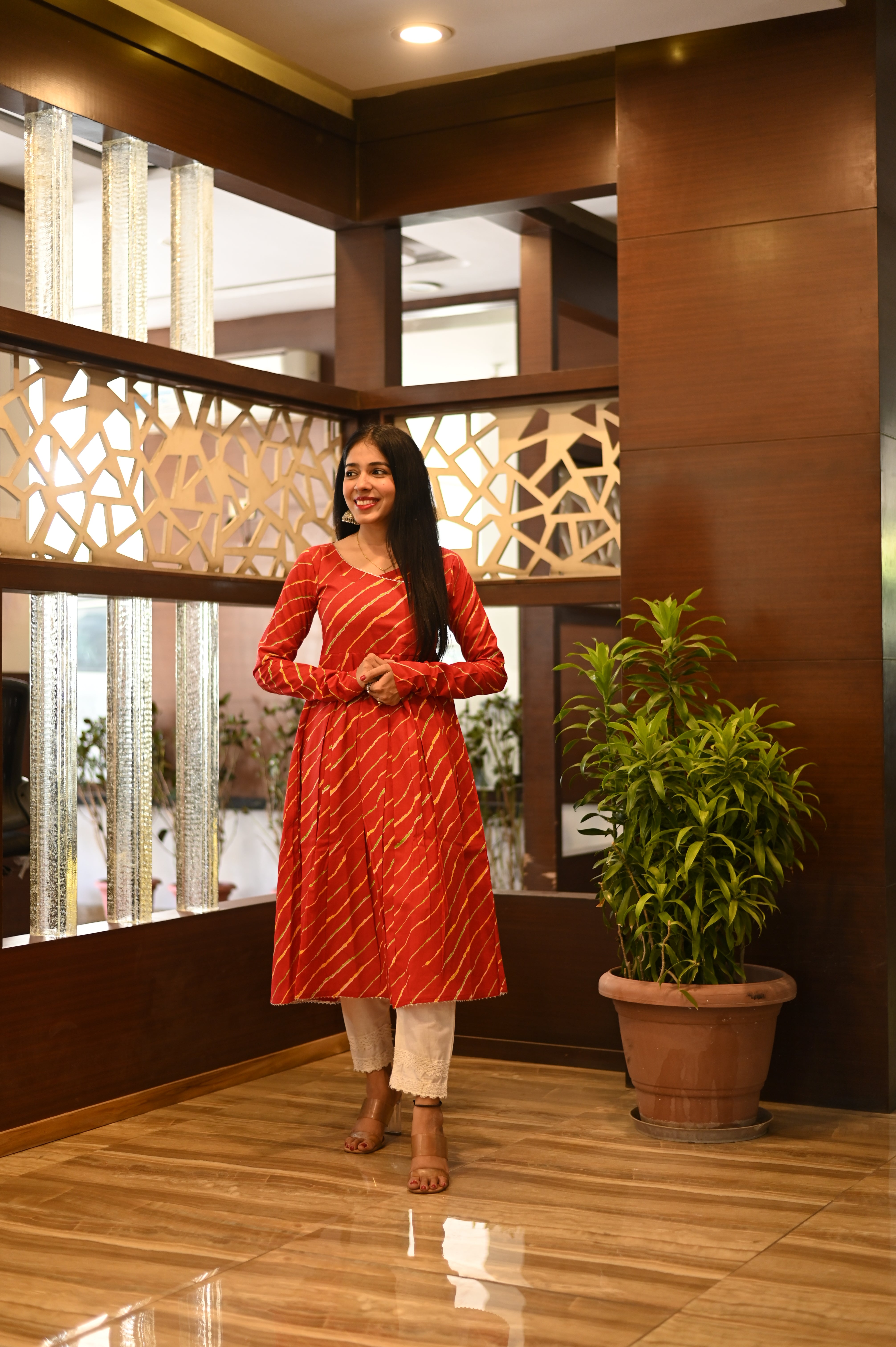 Red Cotton Leheriya Kurta Set