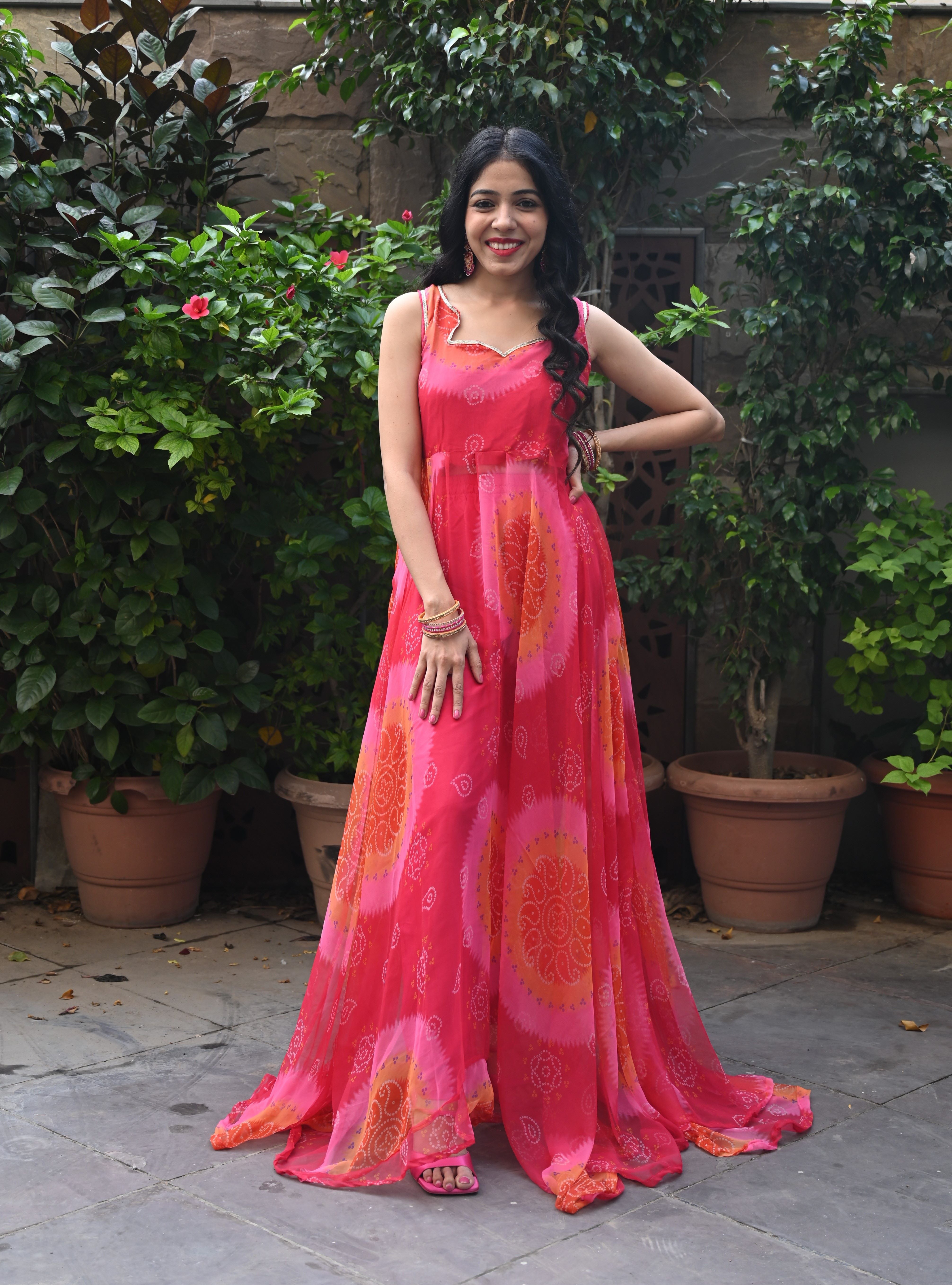 Pink Red Shaded Bandhani Gown