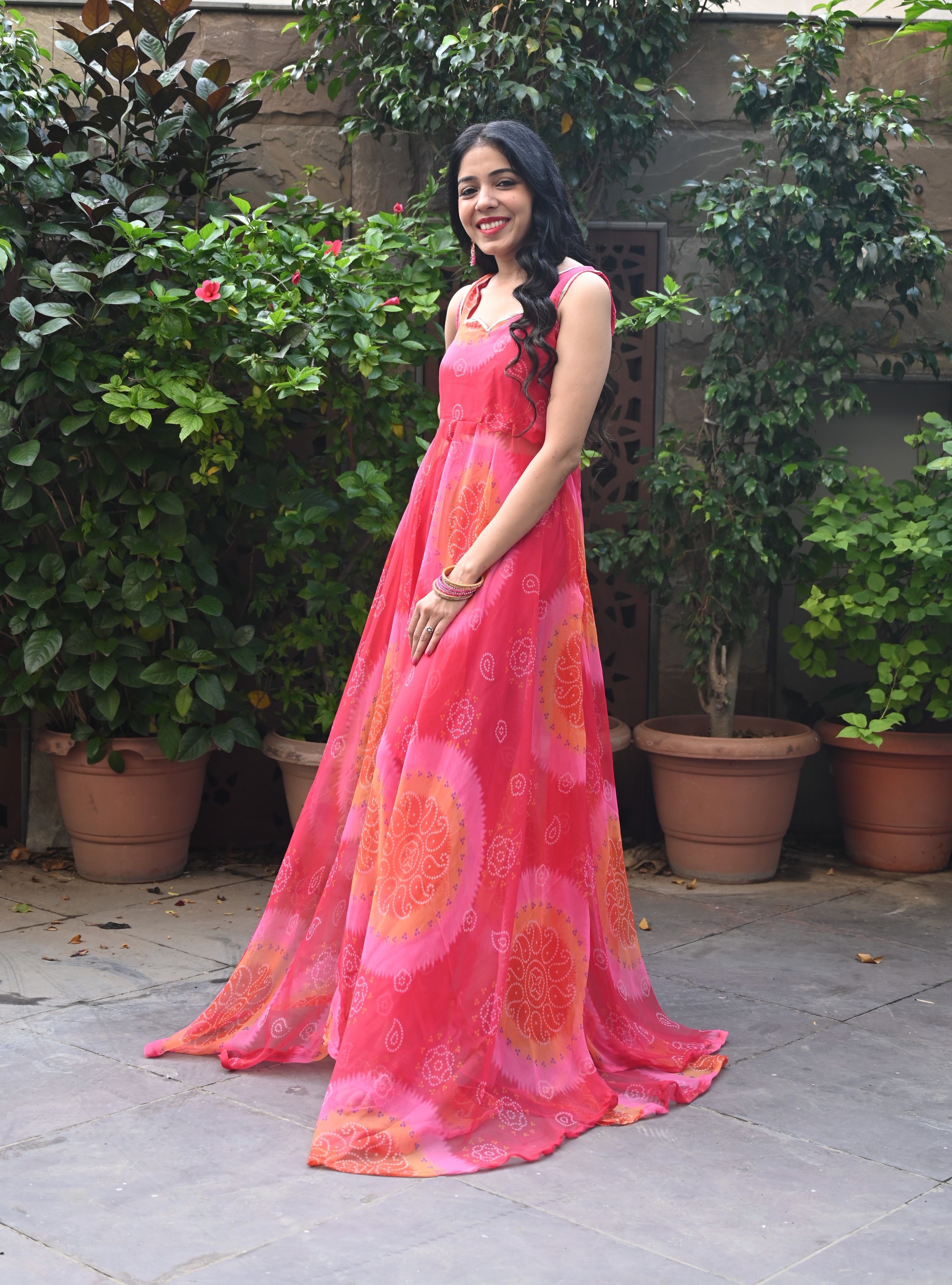 Pink Red Shaded Bandhani Gown