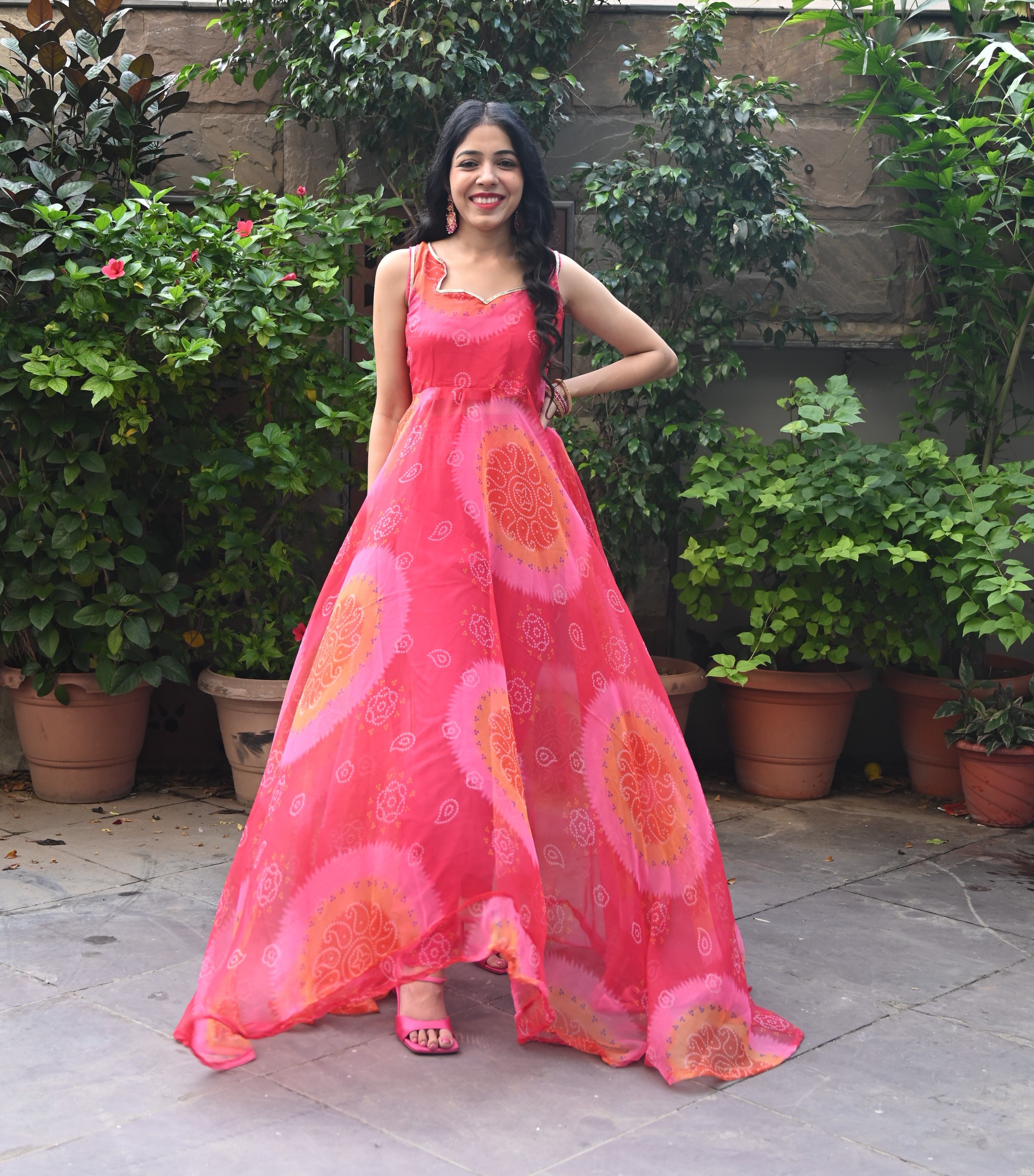 Pink Red Shaded Bandhani Gown