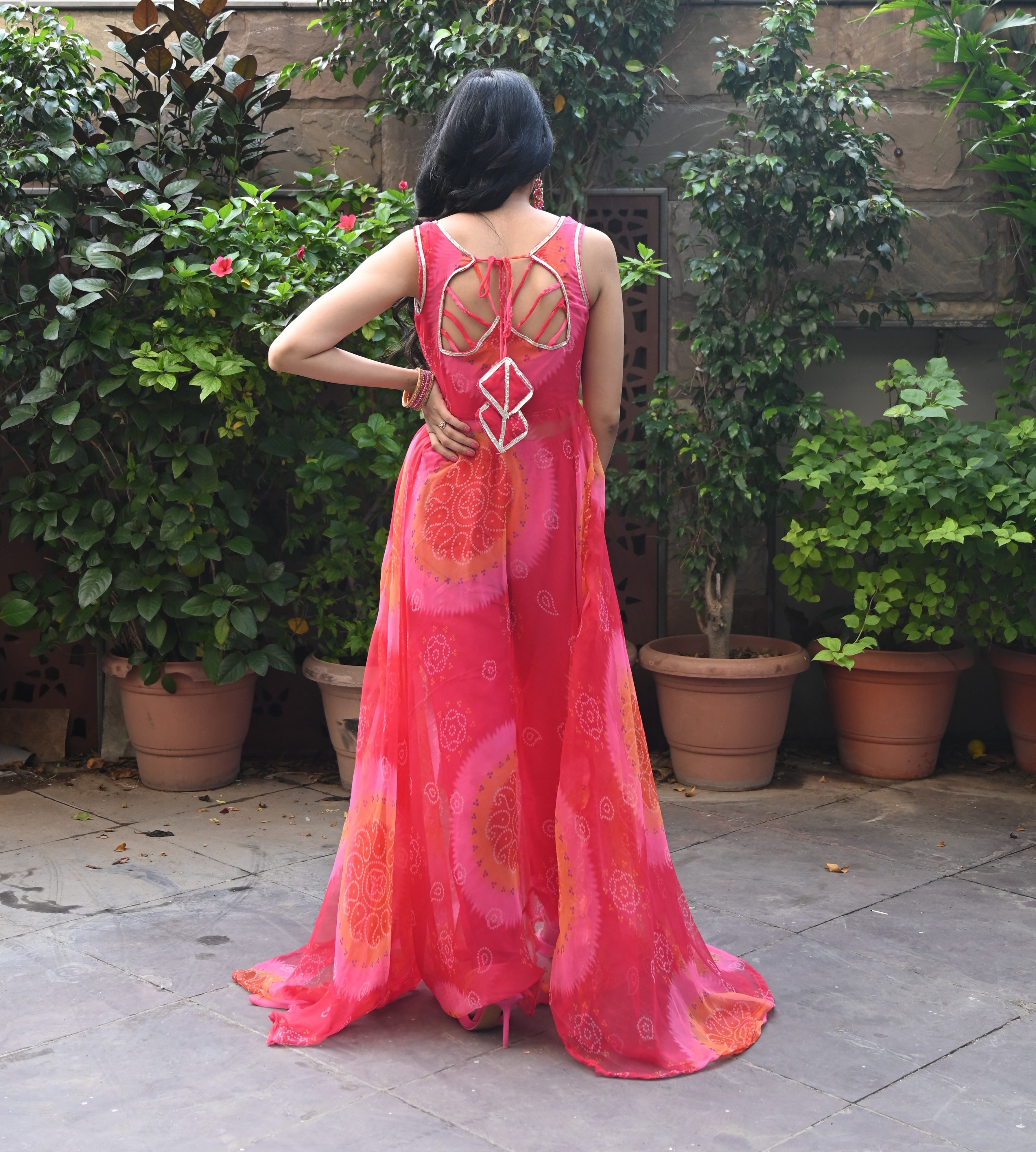 Pink Red Shaded Bandhani Gown