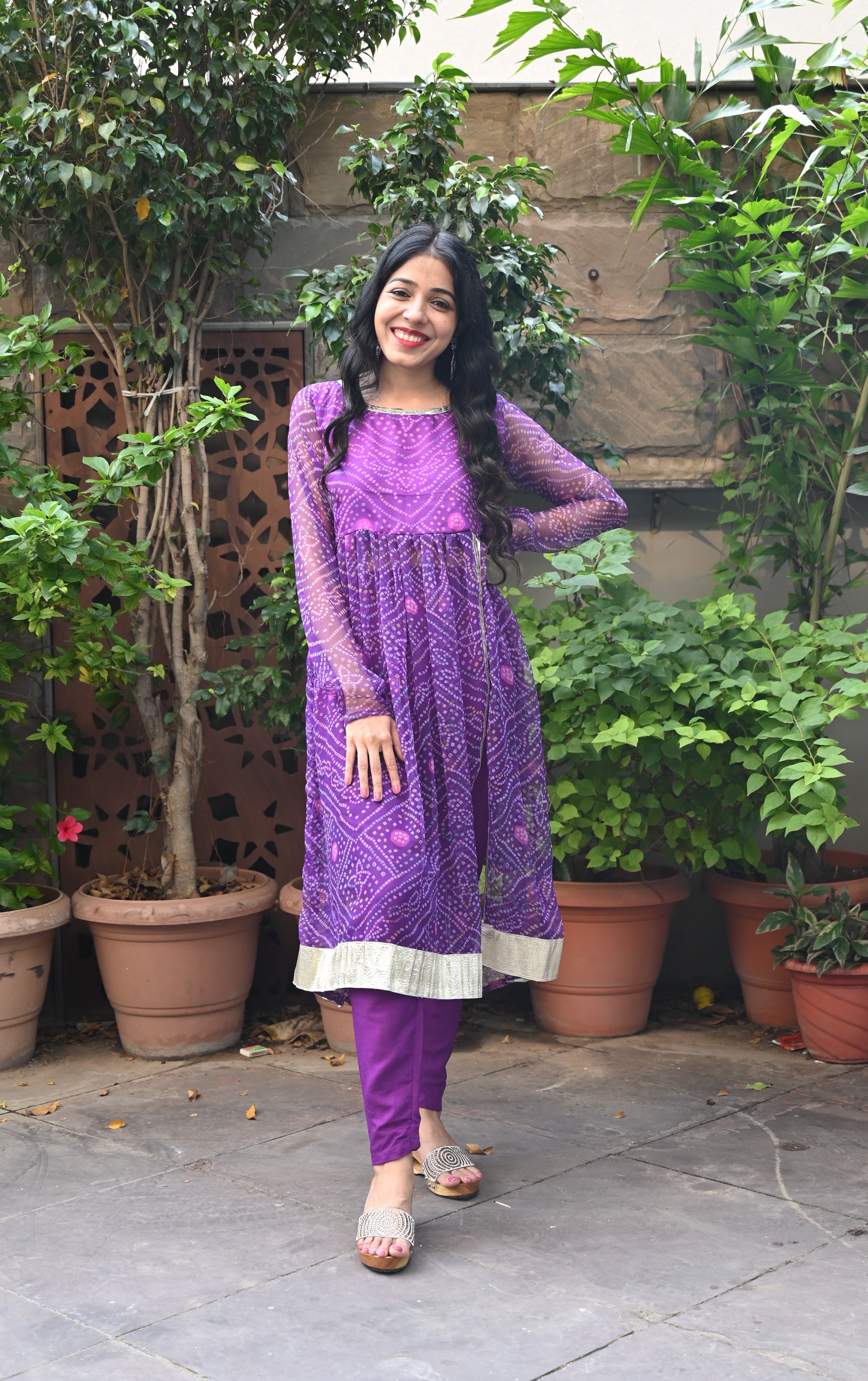 Purple Bandhej Chiffon Kurta Set