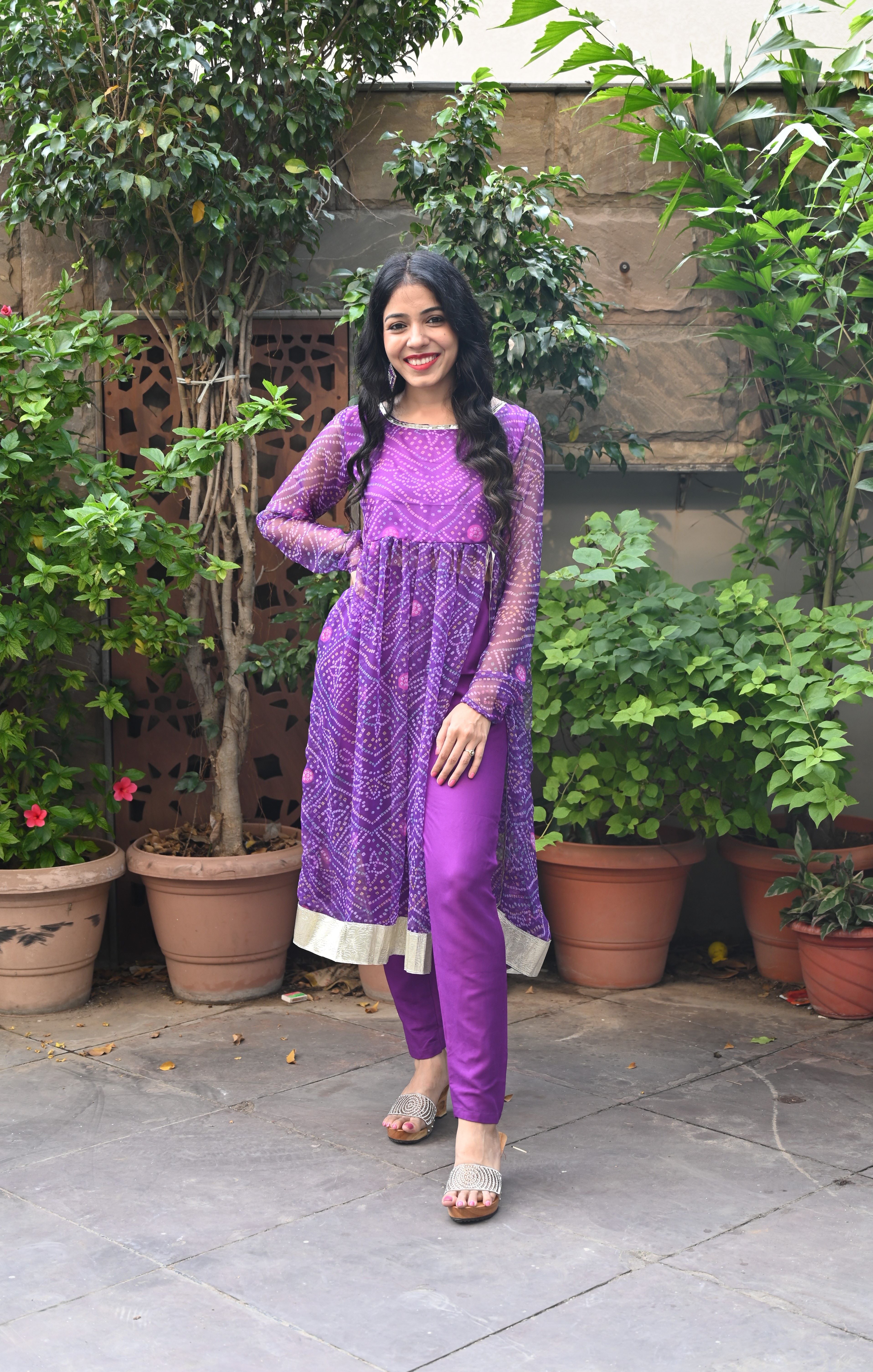 Purple Bandhej Chiffon Kurta Set