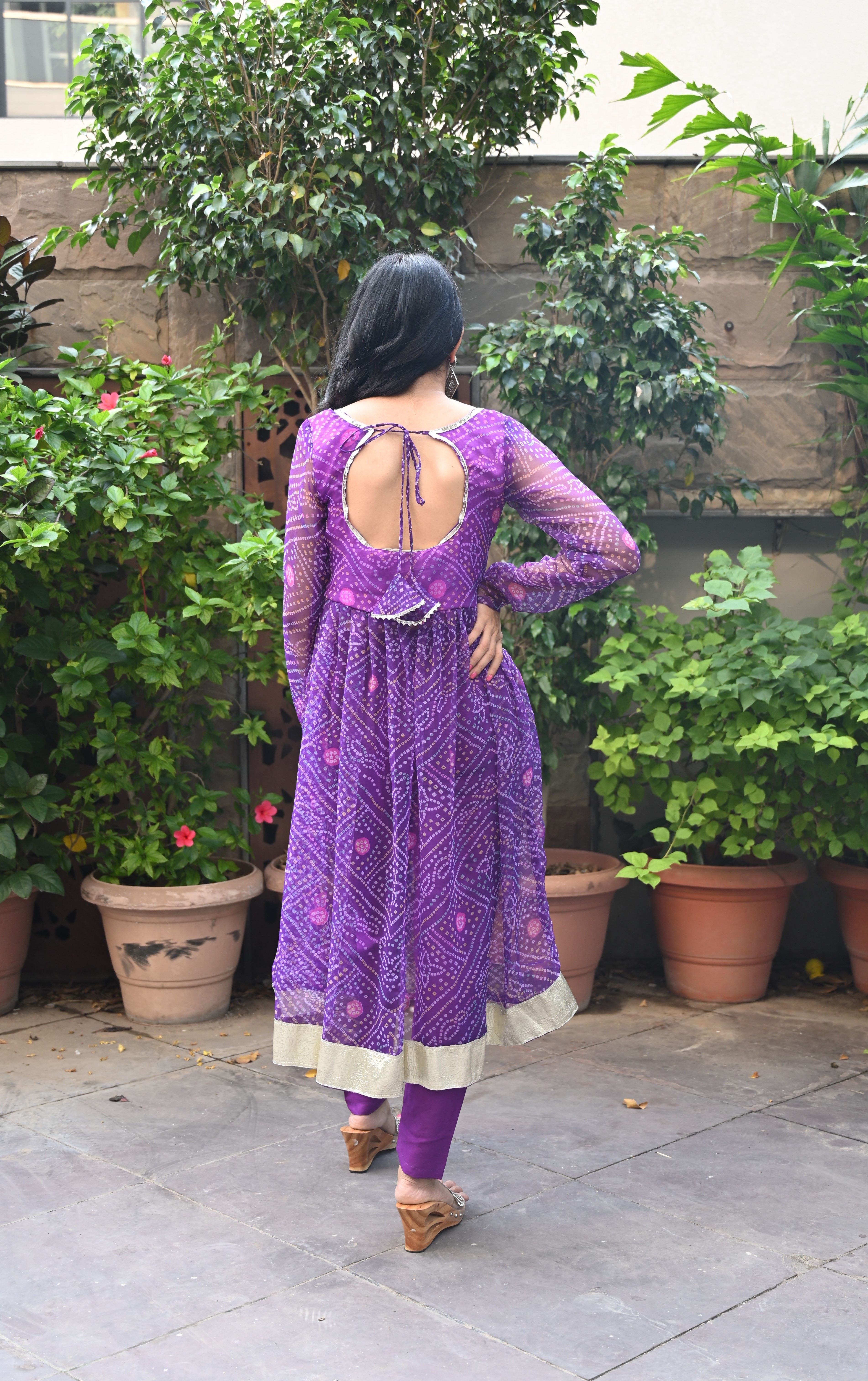 Purple Bandhej Chiffon Kurta Set