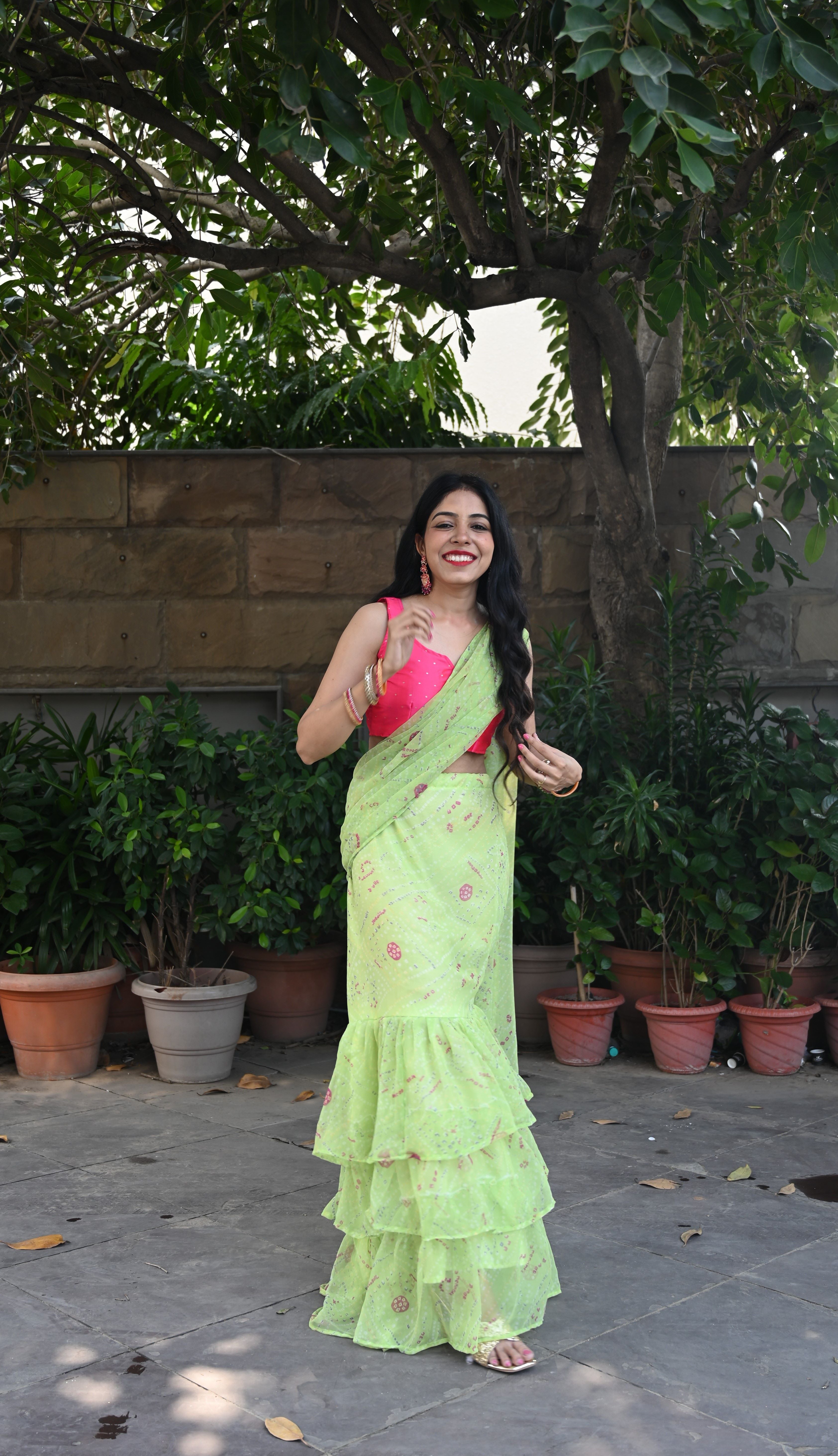 Pastel Green Bandhej Pre Drape Saree