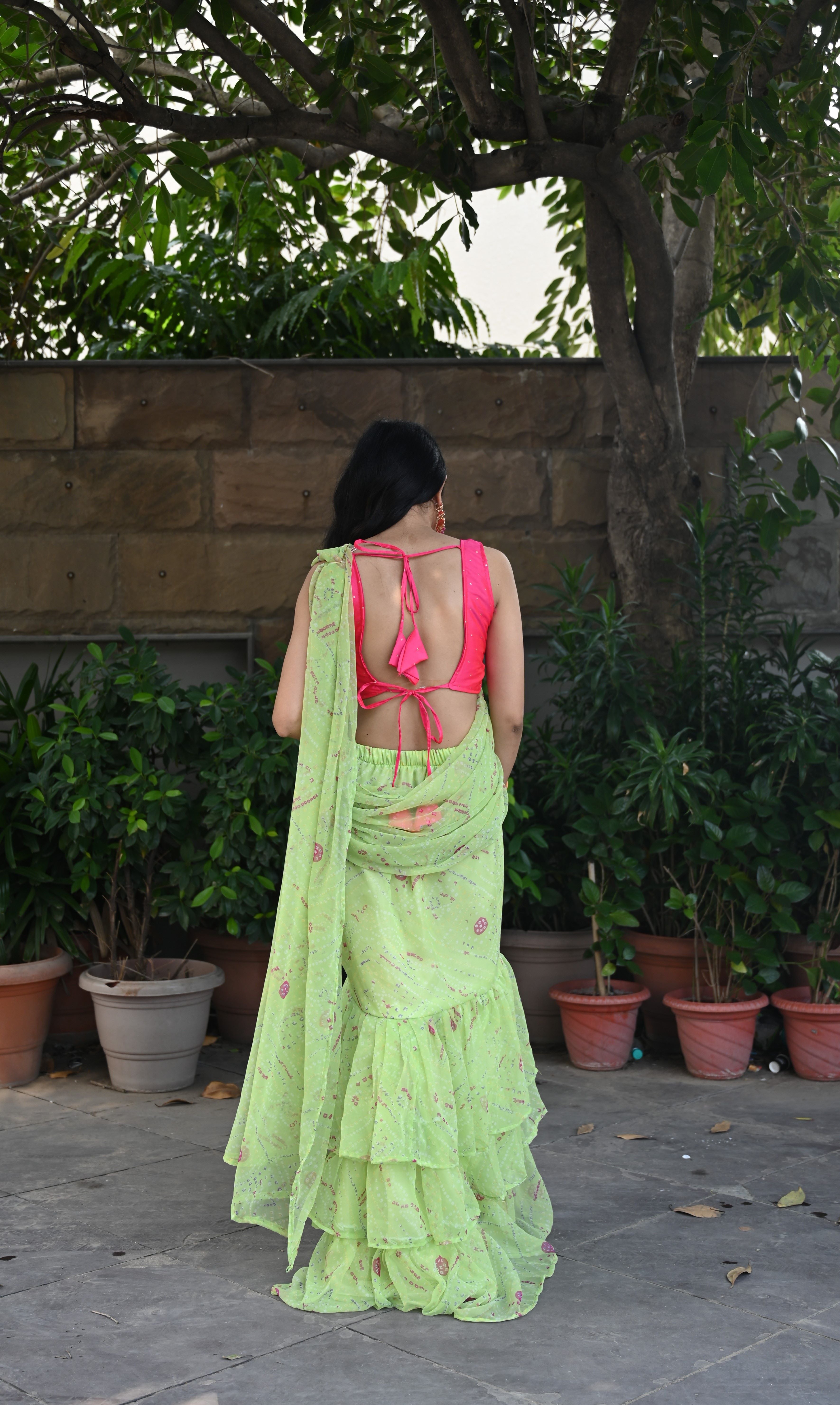 Pastel Green Bandhej Pre Drape Saree