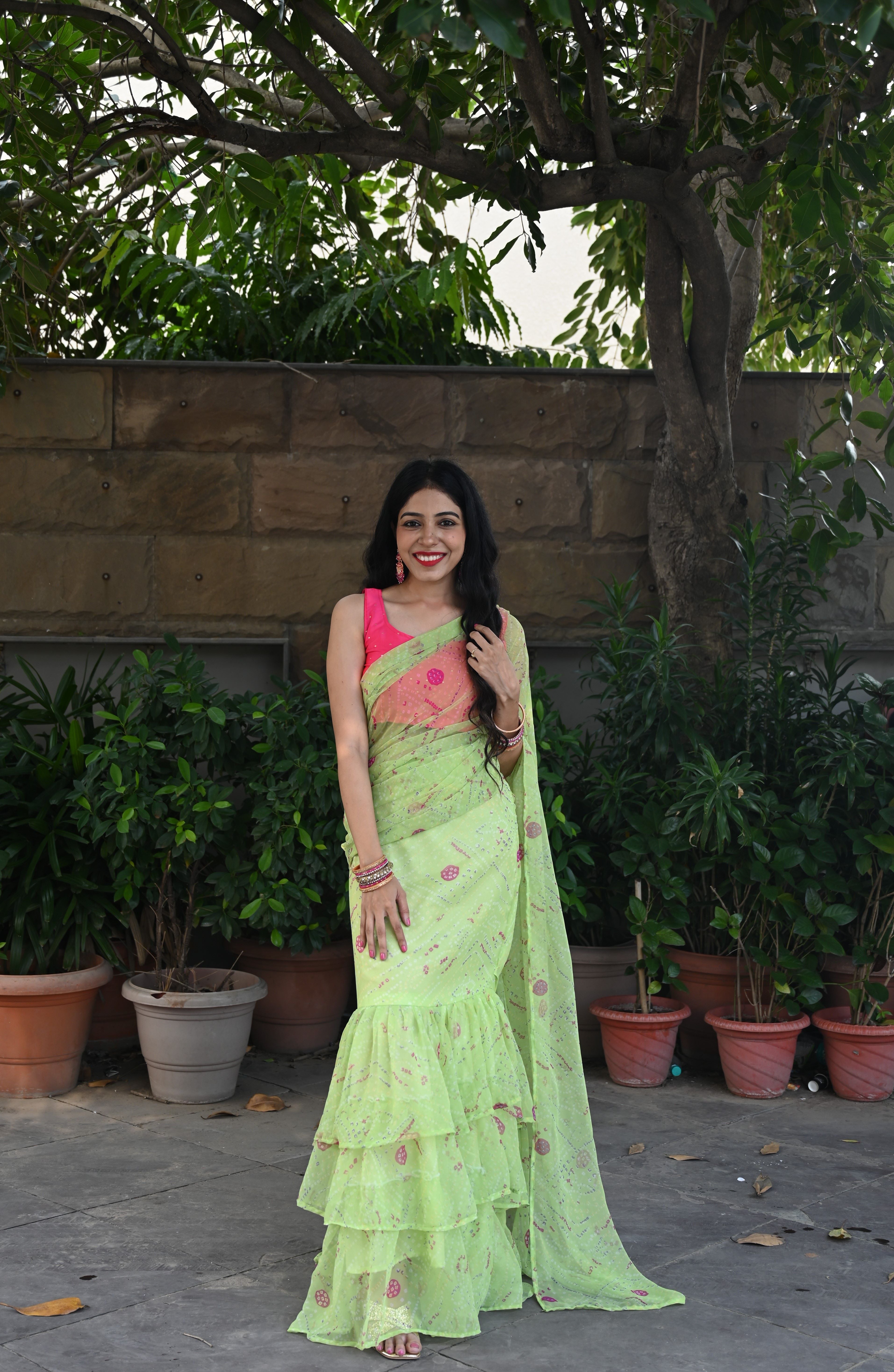 Pastel Green Bandhej Pre Drape Saree