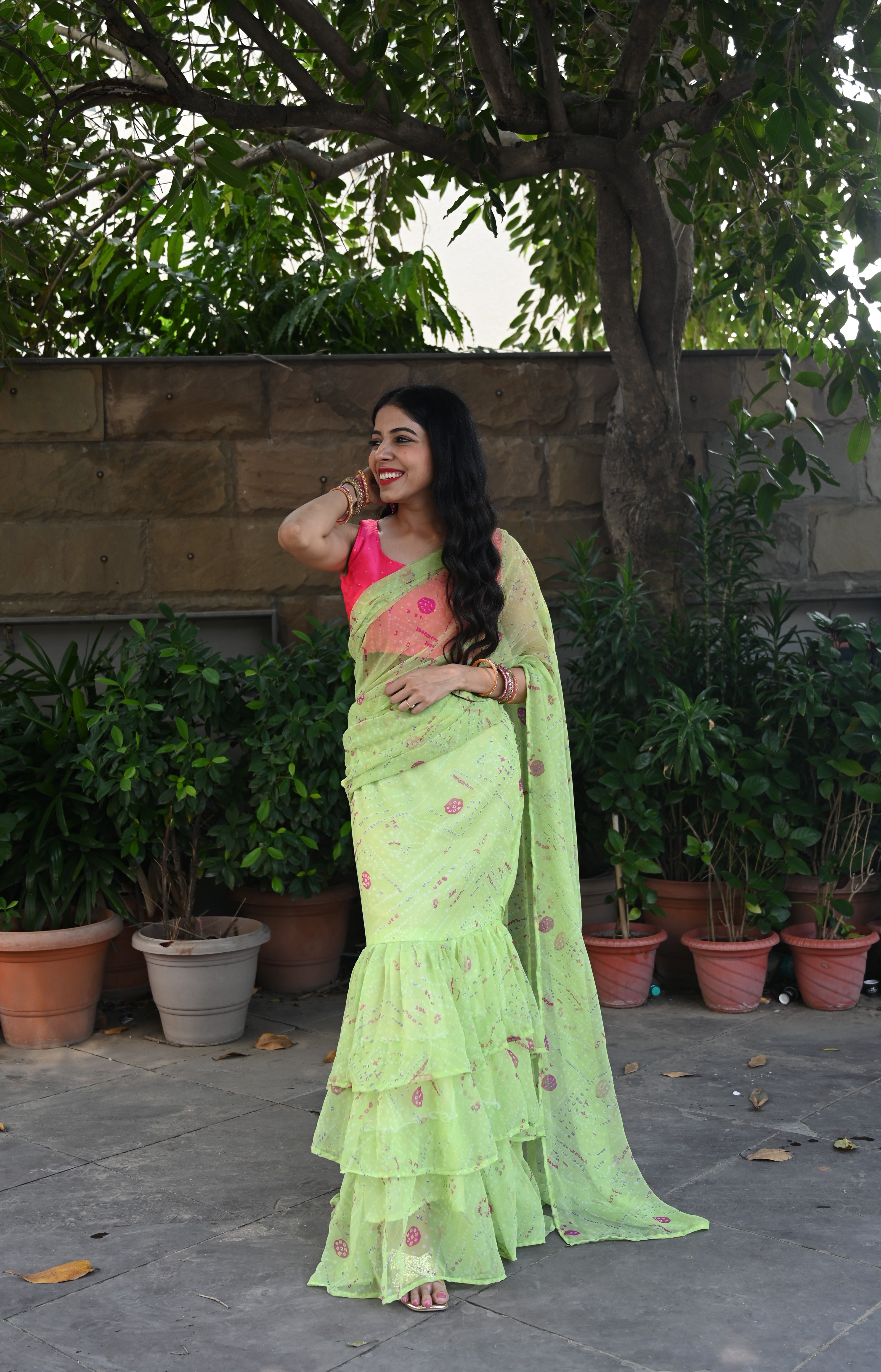 Pastel Green Bandhej Pre Drape Saree