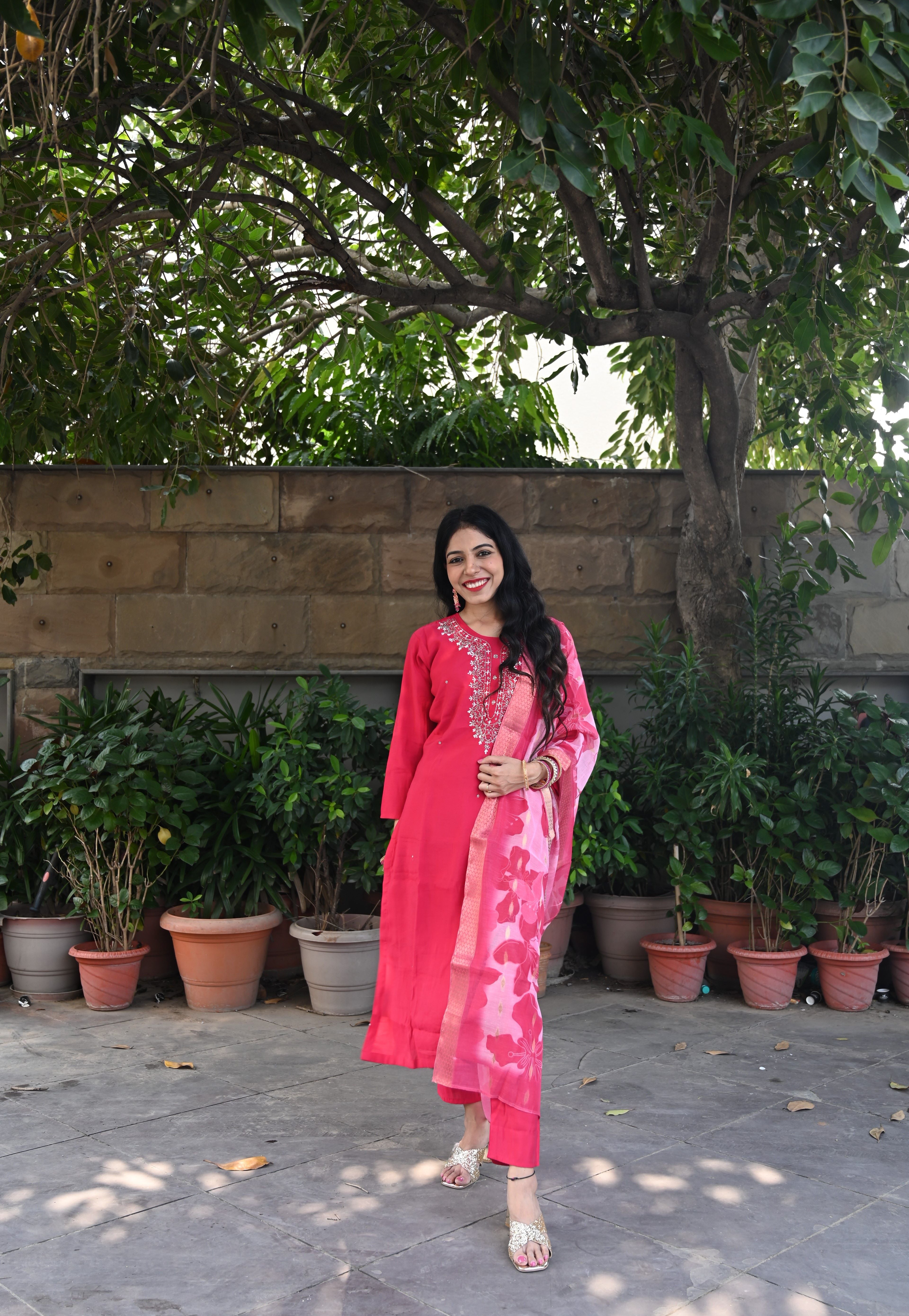 Pink Chanderi Suit Set