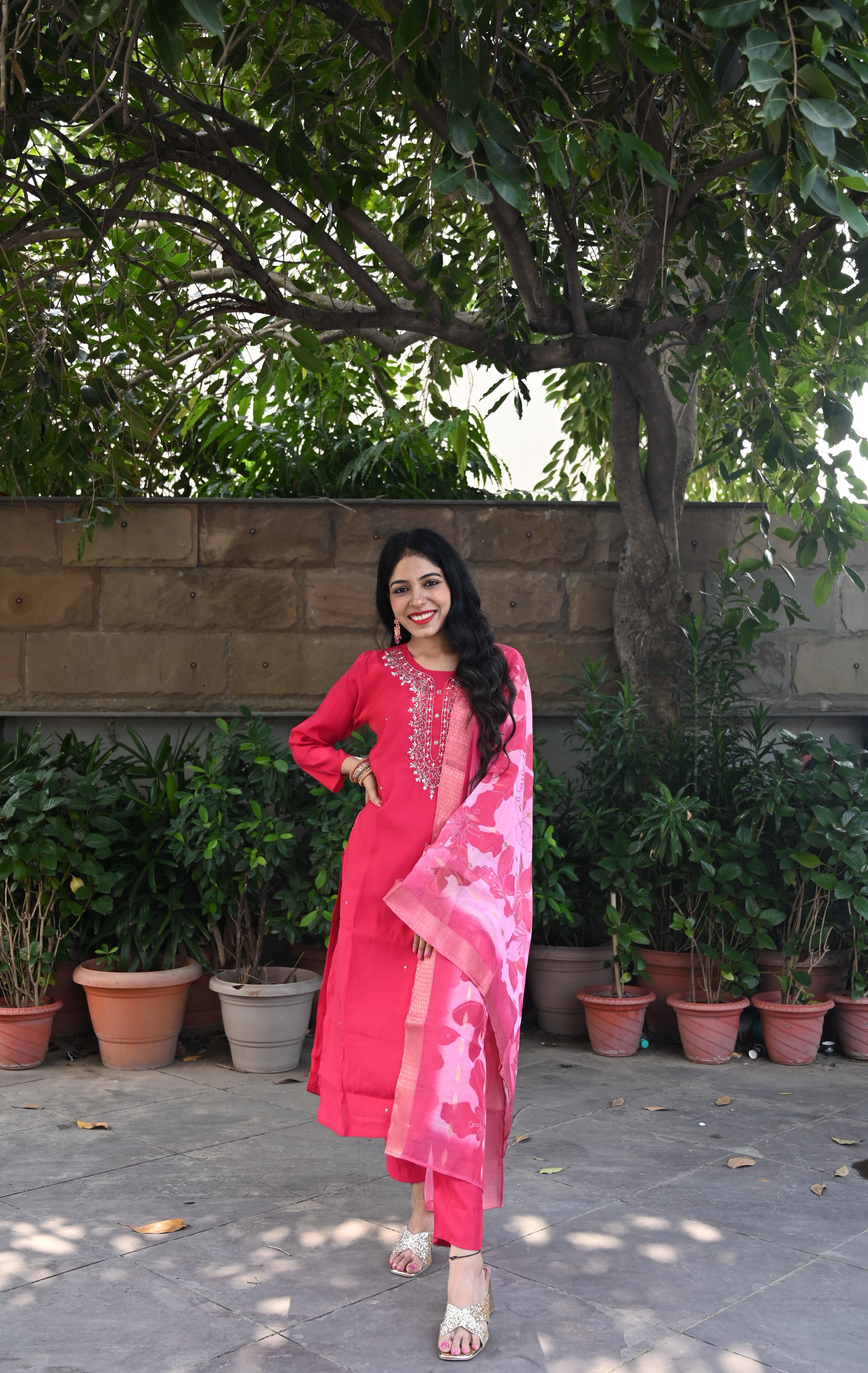 Pink Chanderi Suit Set