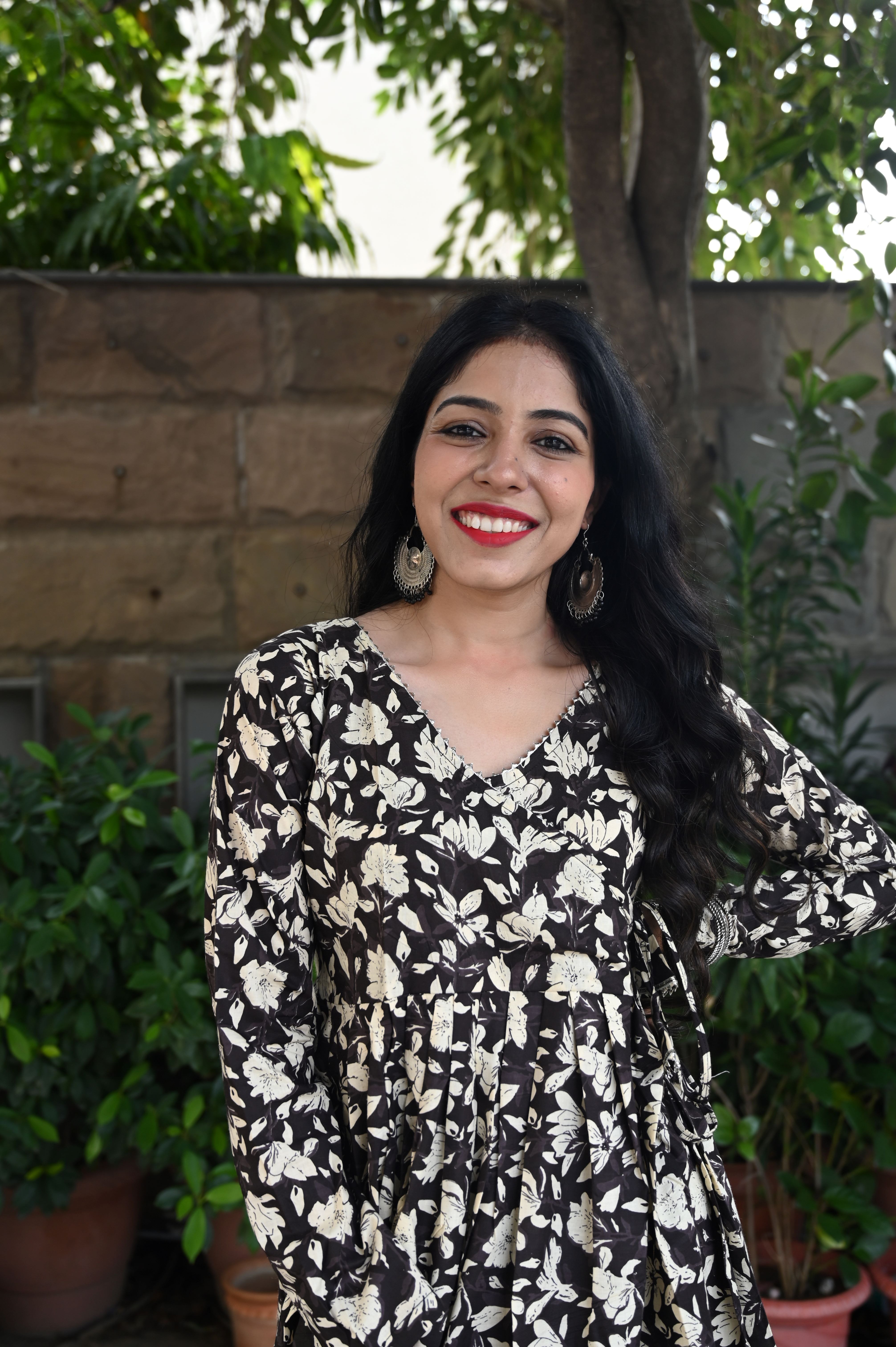 Black Cotton Floral Anarkali