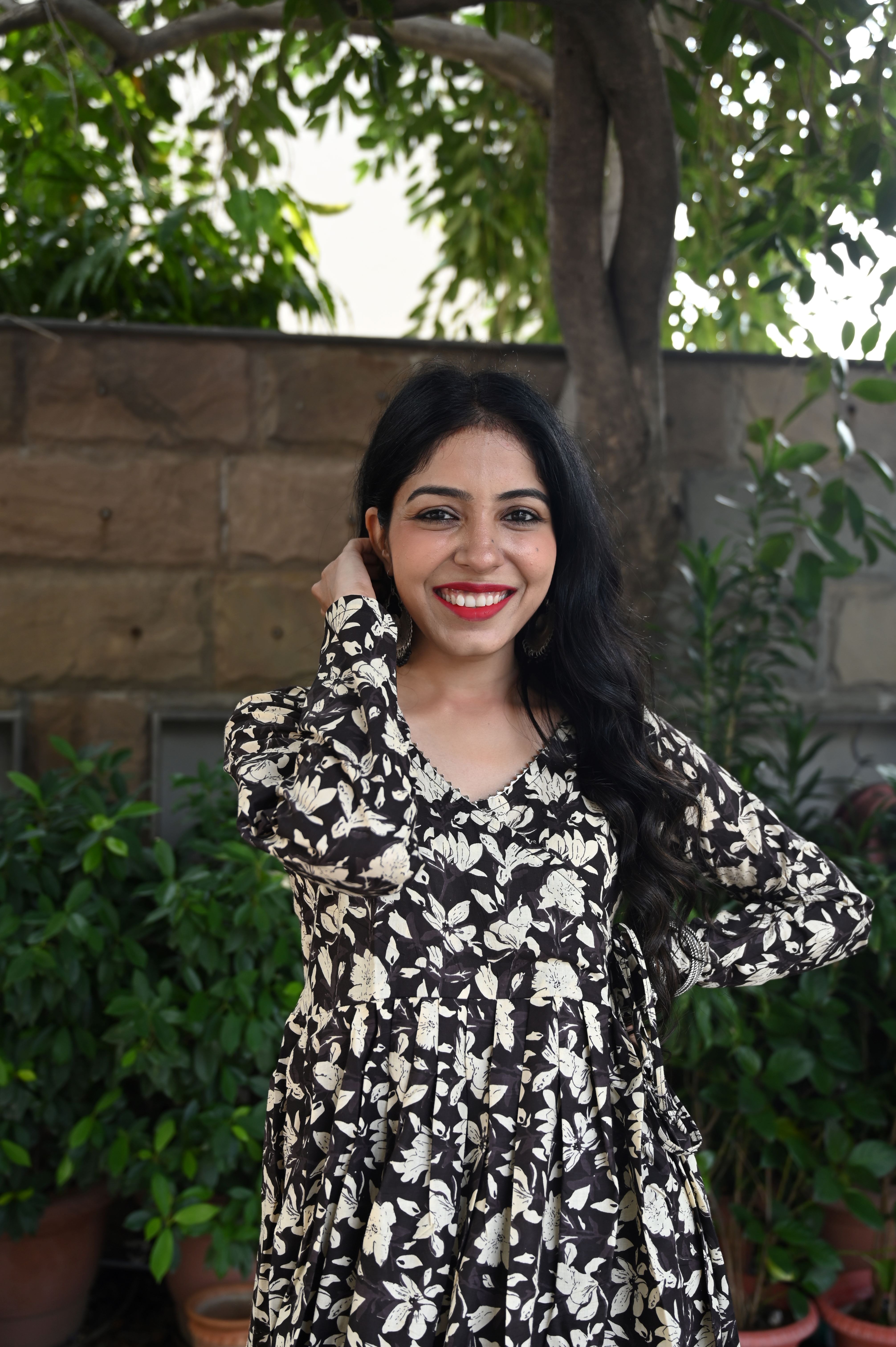 Black Cotton Floral Anarkali