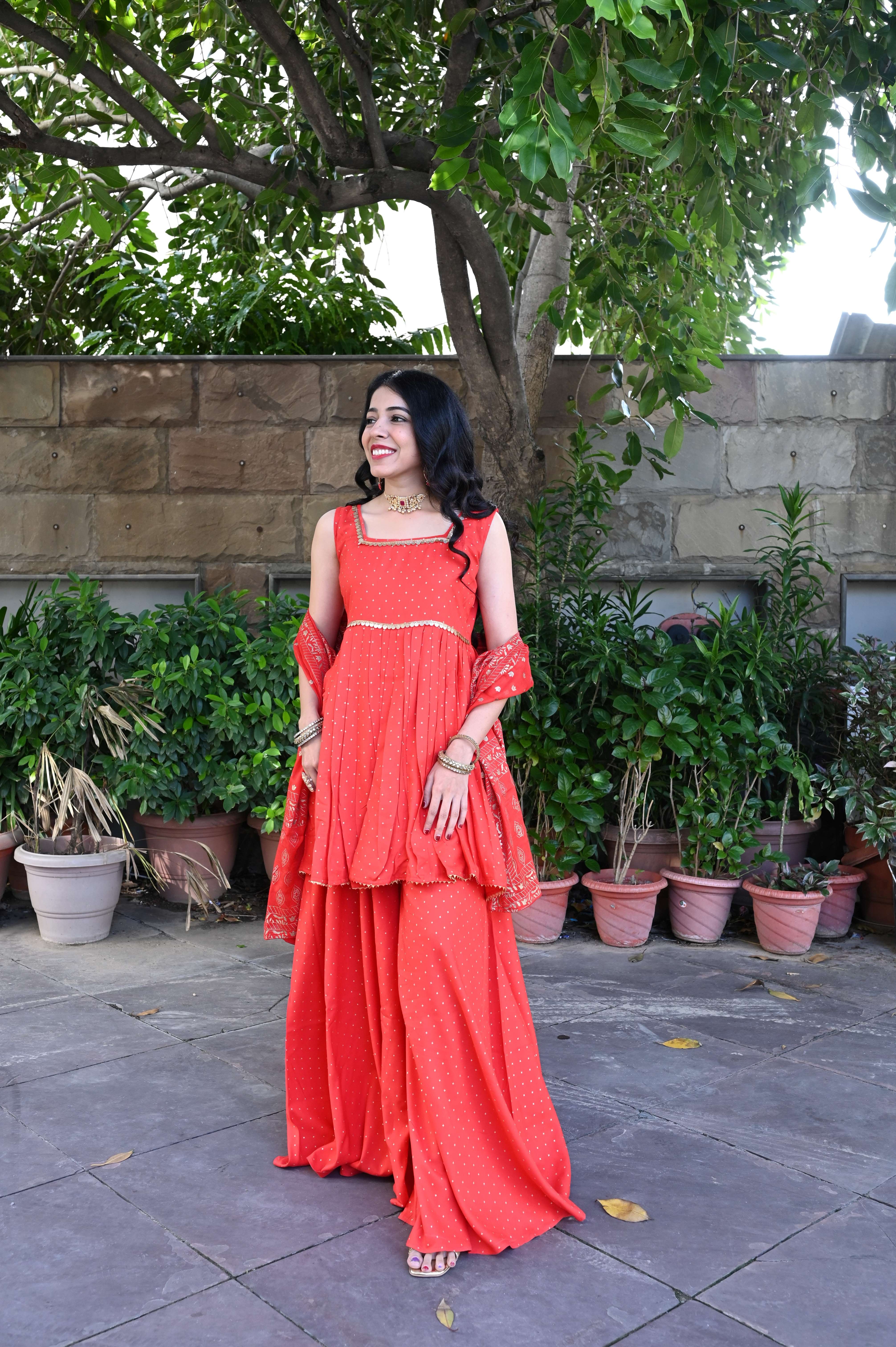 Red Designer Kurta Palazzo Set